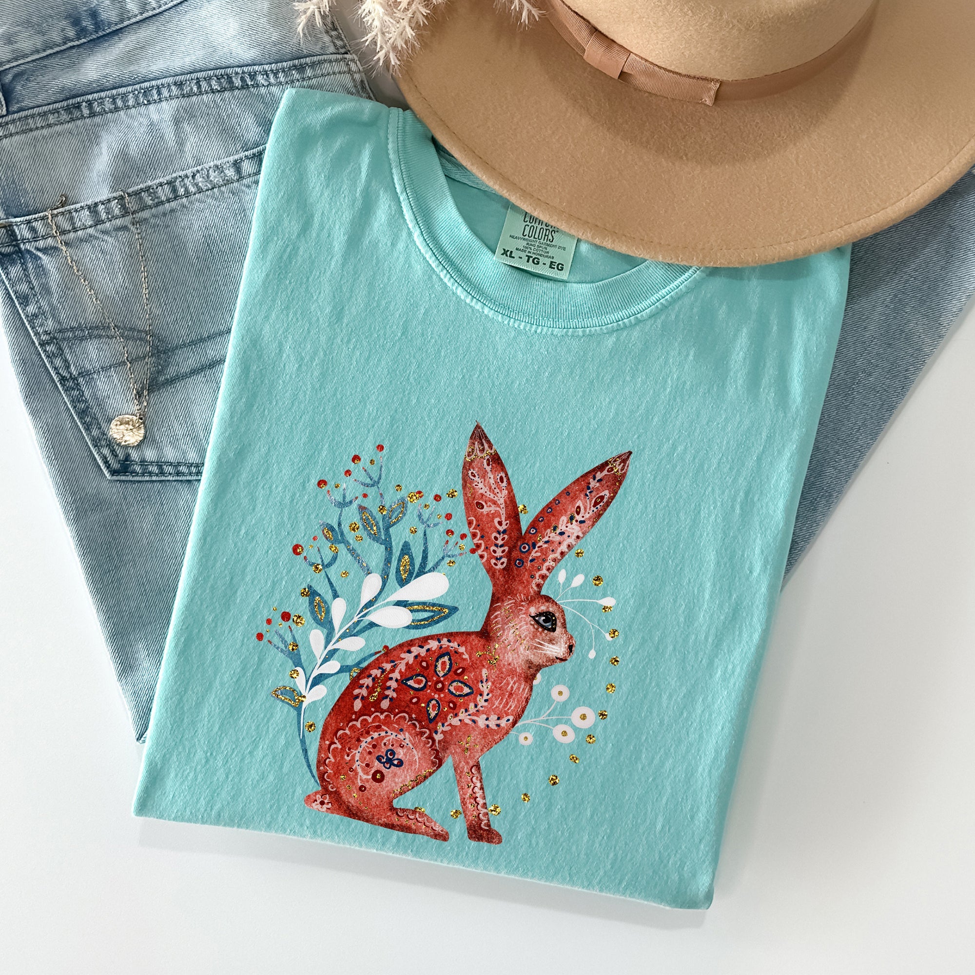 Folk Art Rabbit Easter Scandinavian Vintage Nordic Illustration Comfort Colors Tee