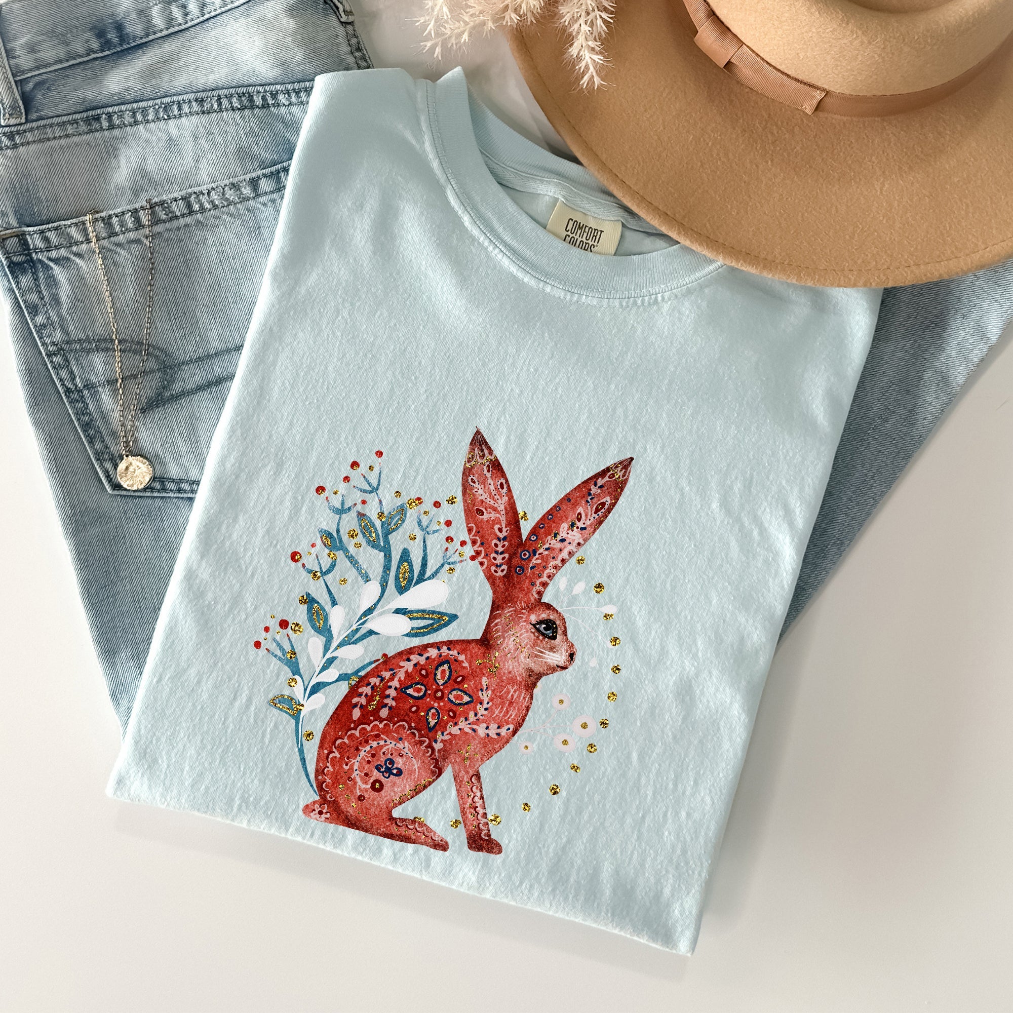 Folk Art Rabbit Easter Scandinavian Vintage Nordic Illustration Comfort Colors Tee