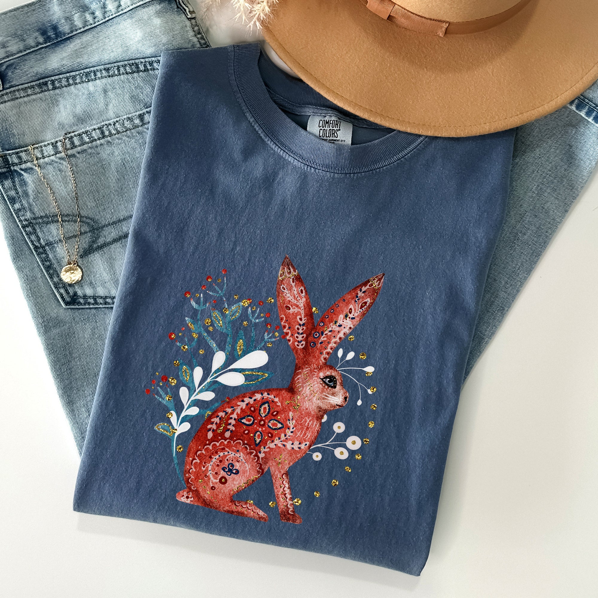 Folk Art Rabbit Easter Scandinavian Vintage Nordic Illustration Comfort Colors Tee