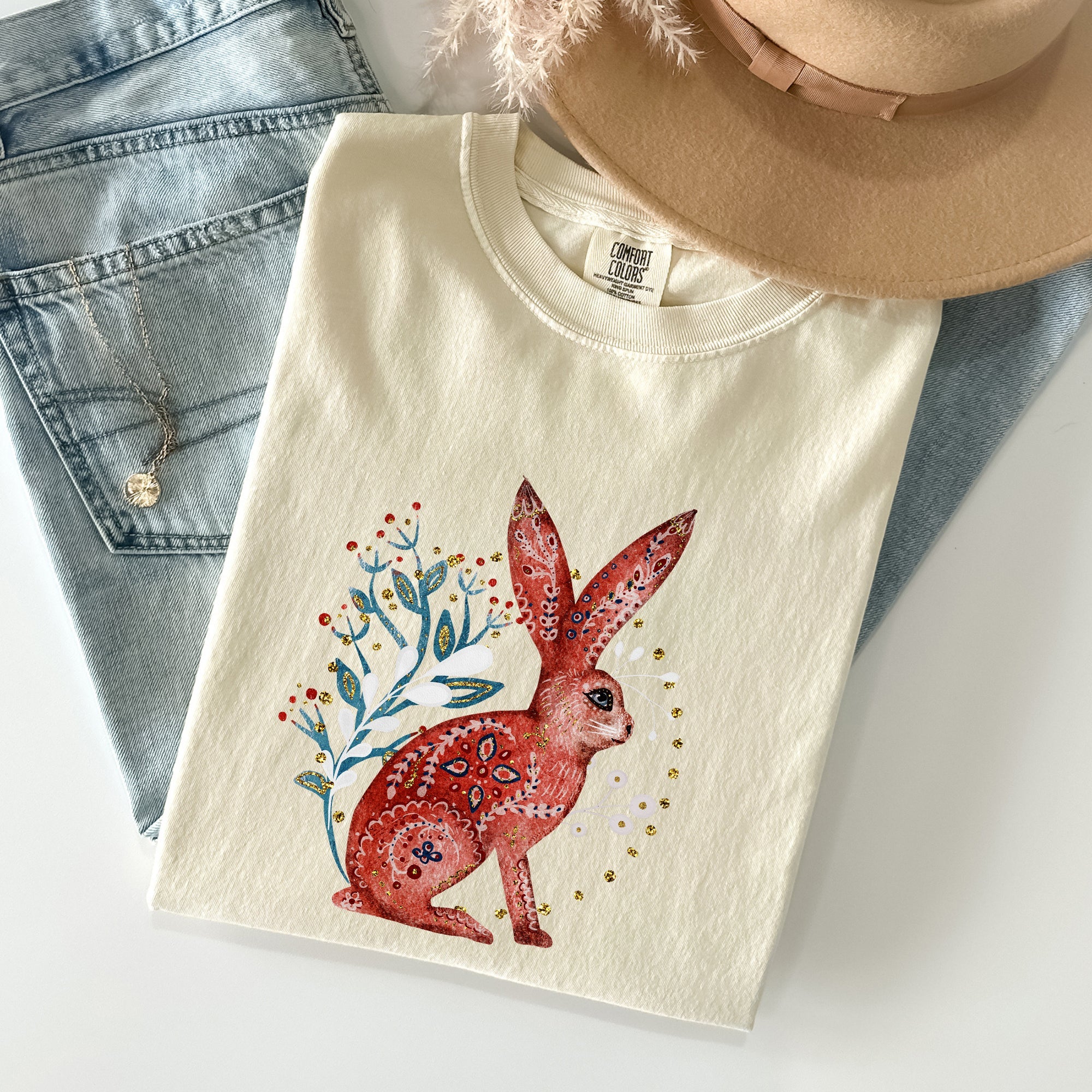 Folk Art Rabbit Easter Scandinavian Vintage Nordic Illustration Comfort Colors Tee