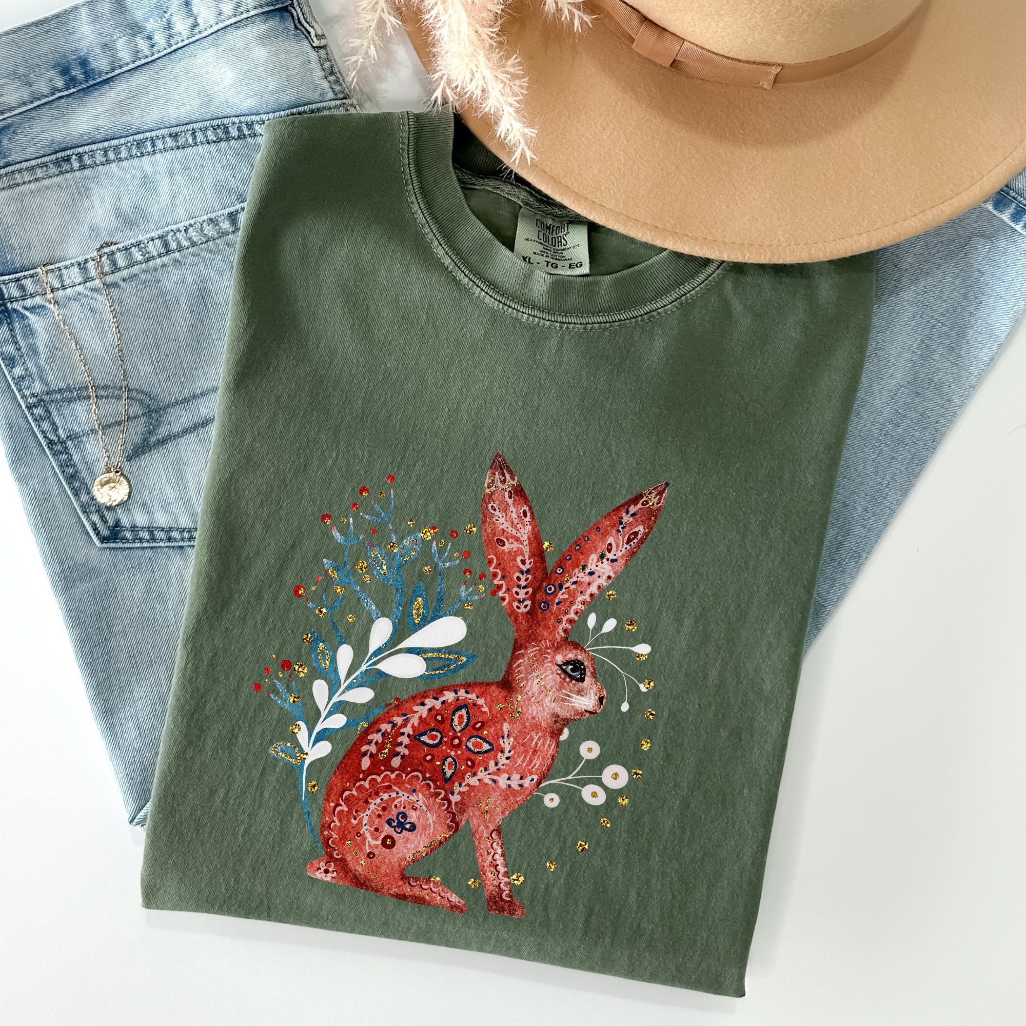 Folk Art Rabbit Easter Scandinavian Vintage Nordic Illustration Comfort Colors Tee
