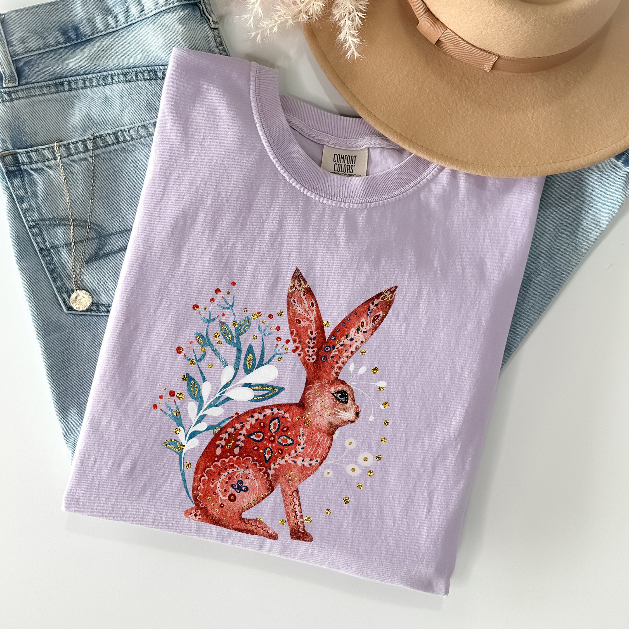 Folk Art Rabbit Easter Scandinavian Vintage Nordic Illustration Comfort Colors Tee