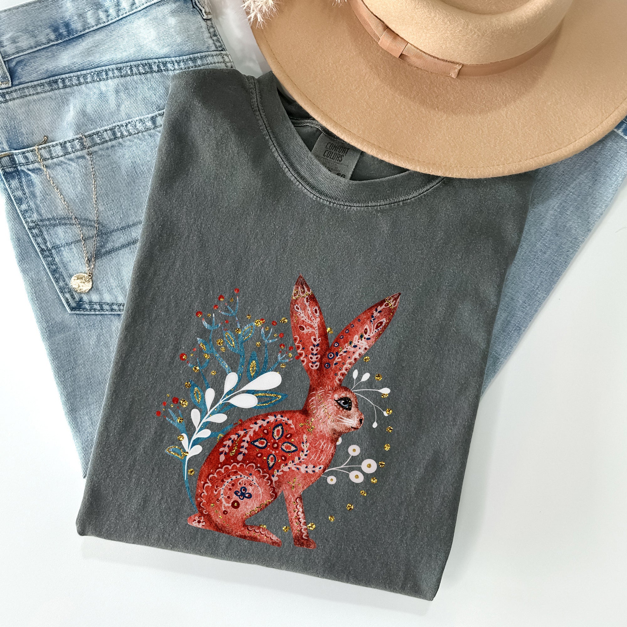 Folk Art Rabbit Easter Scandinavian Vintage Nordic Illustration Comfort Colors Tee