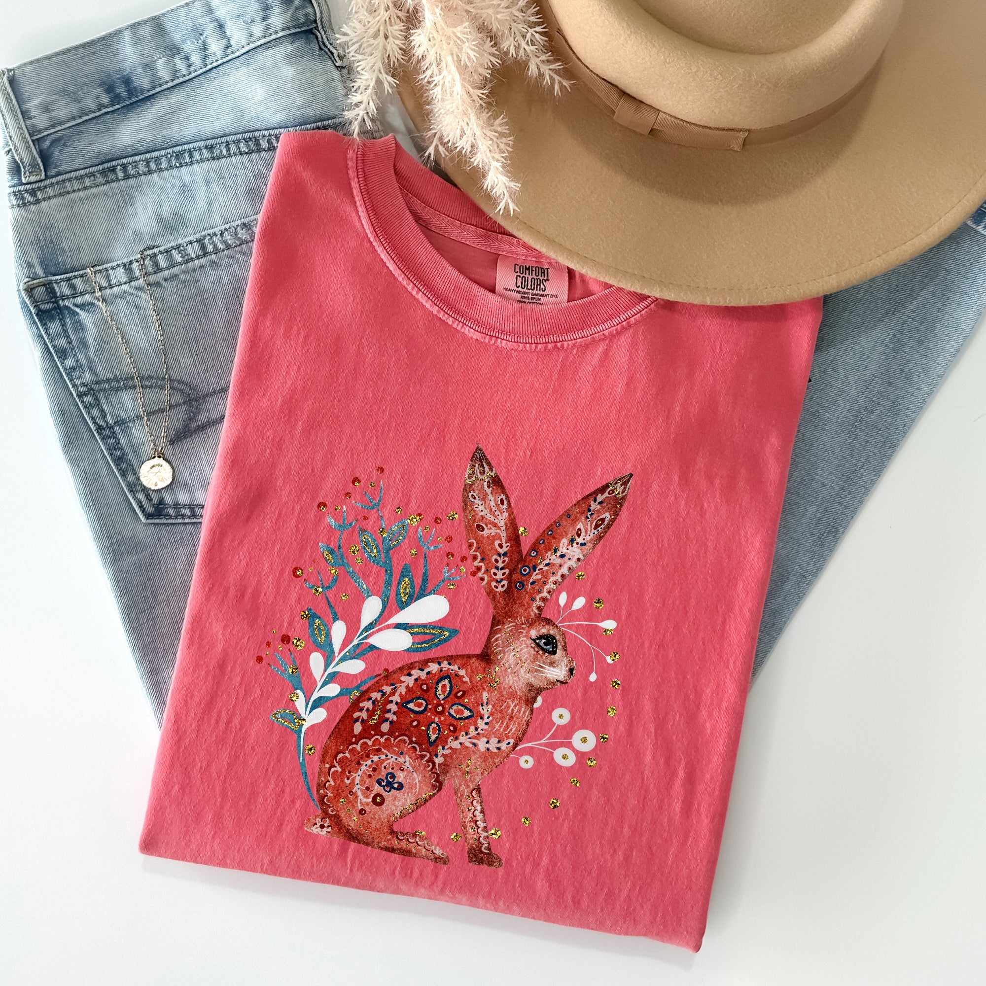 Folk Art Rabbit Easter Scandinavian Vintage Nordic Illustration Comfort Colors Tee