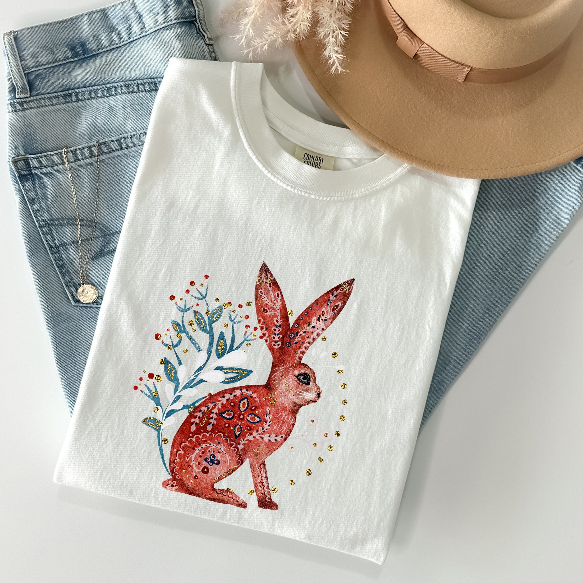 Folk Art Rabbit Easter Scandinavian Vintage Nordic Illustration Comfort Colors Tee