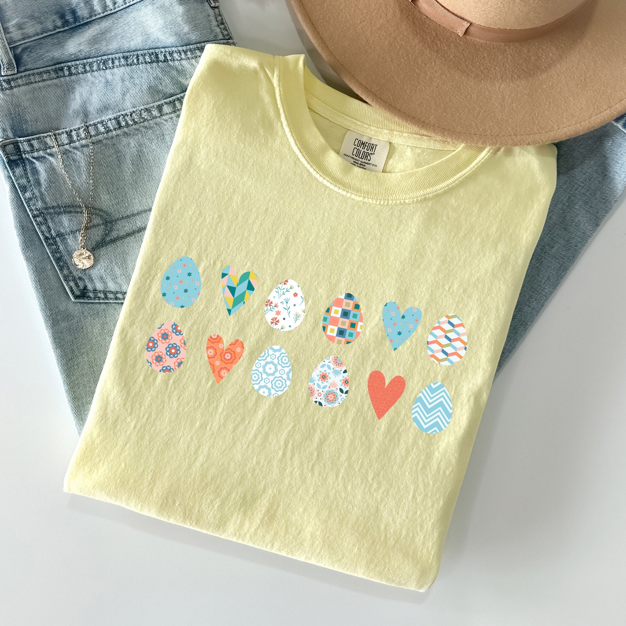 Hearts And Eggs Colorful Easter Celebration Design Vintage Style Art Print Comfort Colors Tee