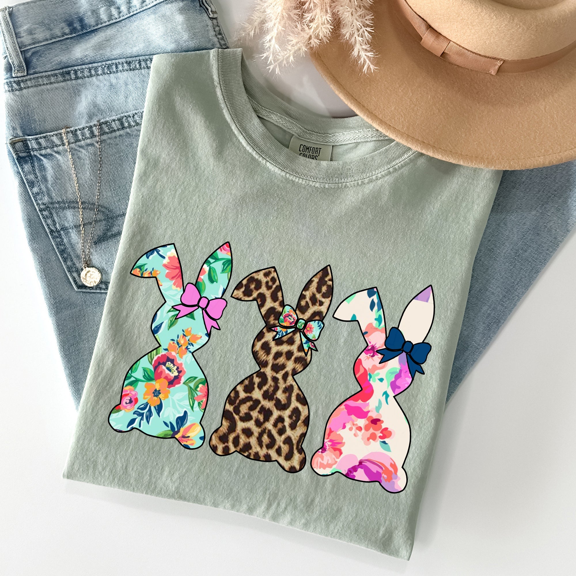 Retro Easter Rabbits Floral Leopard Bunnies Vintage Spring Theme Comfort Colors Tee