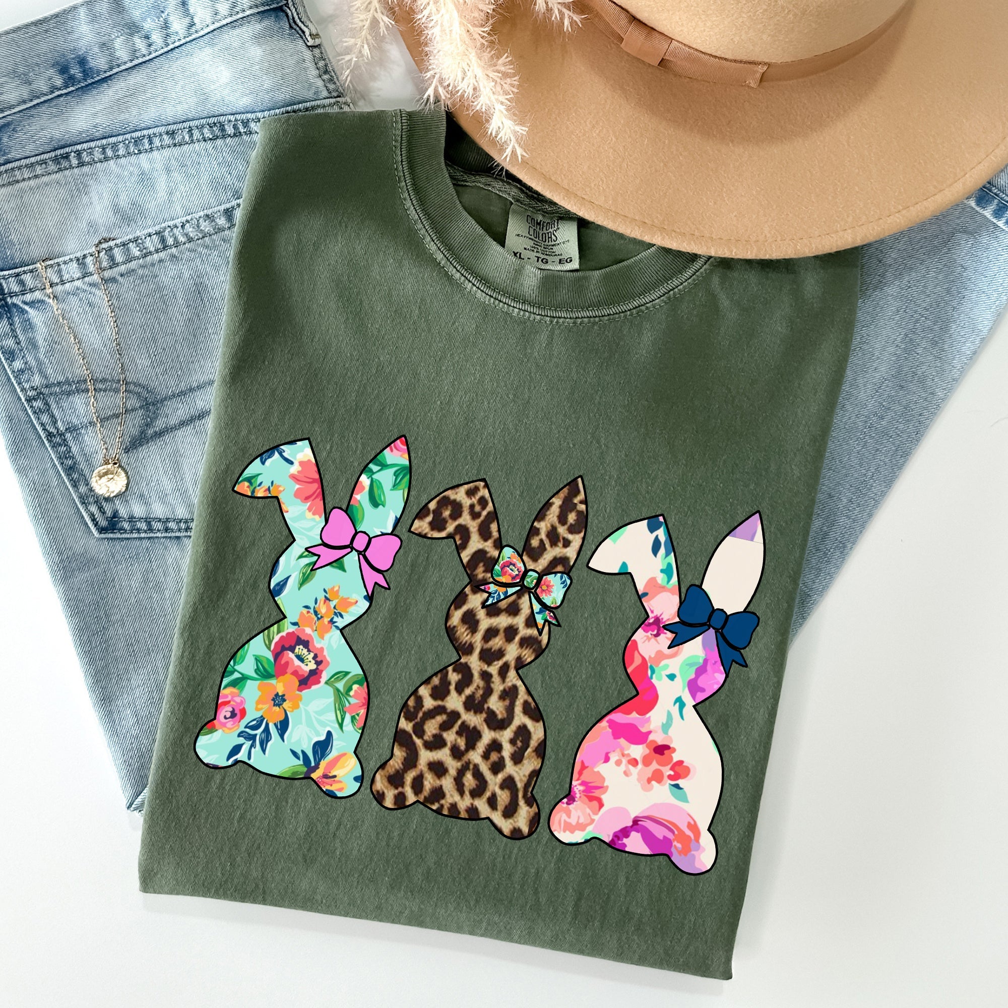 Retro Easter Rabbits Floral Leopard Bunnies Vintage Spring Theme Comfort Colors Tee