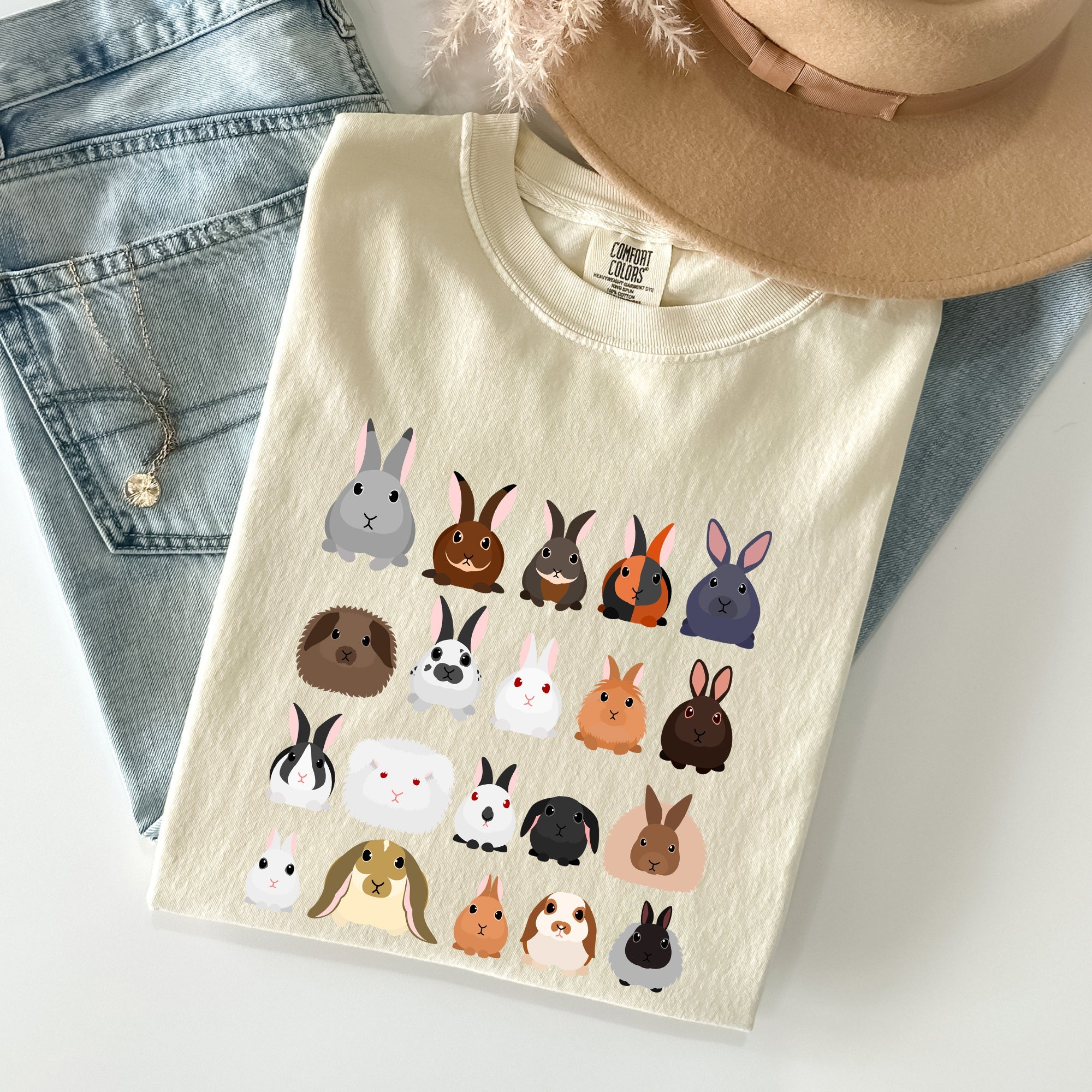 Colorful Rabbit Breeds In A Row Easter Celebration With Vintage Inspired Artwork For Spring Comfort Colors Tee