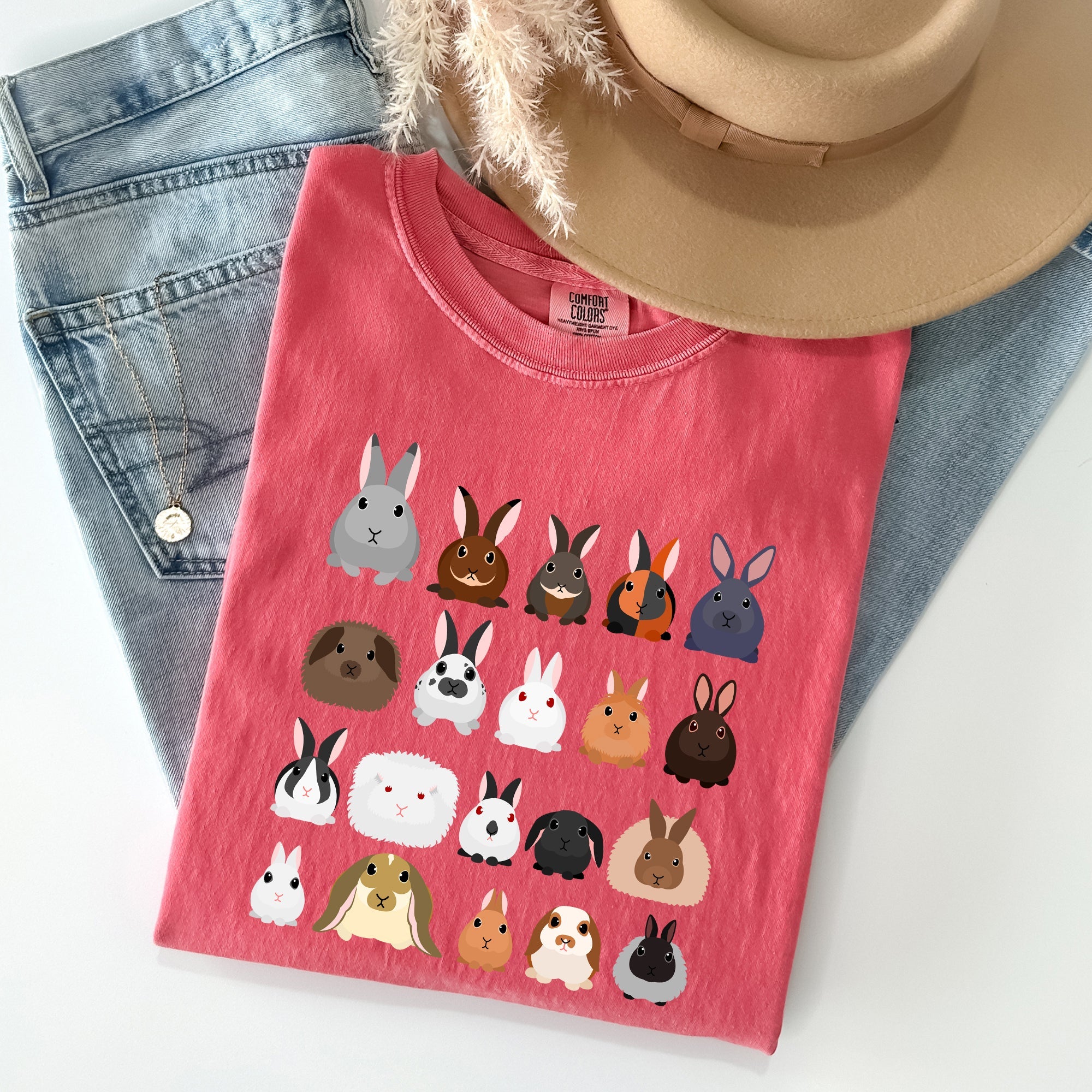 Colorful Rabbit Breeds In A Row Easter Celebration With Vintage Inspired Artwork For Spring Comfort Colors Tee