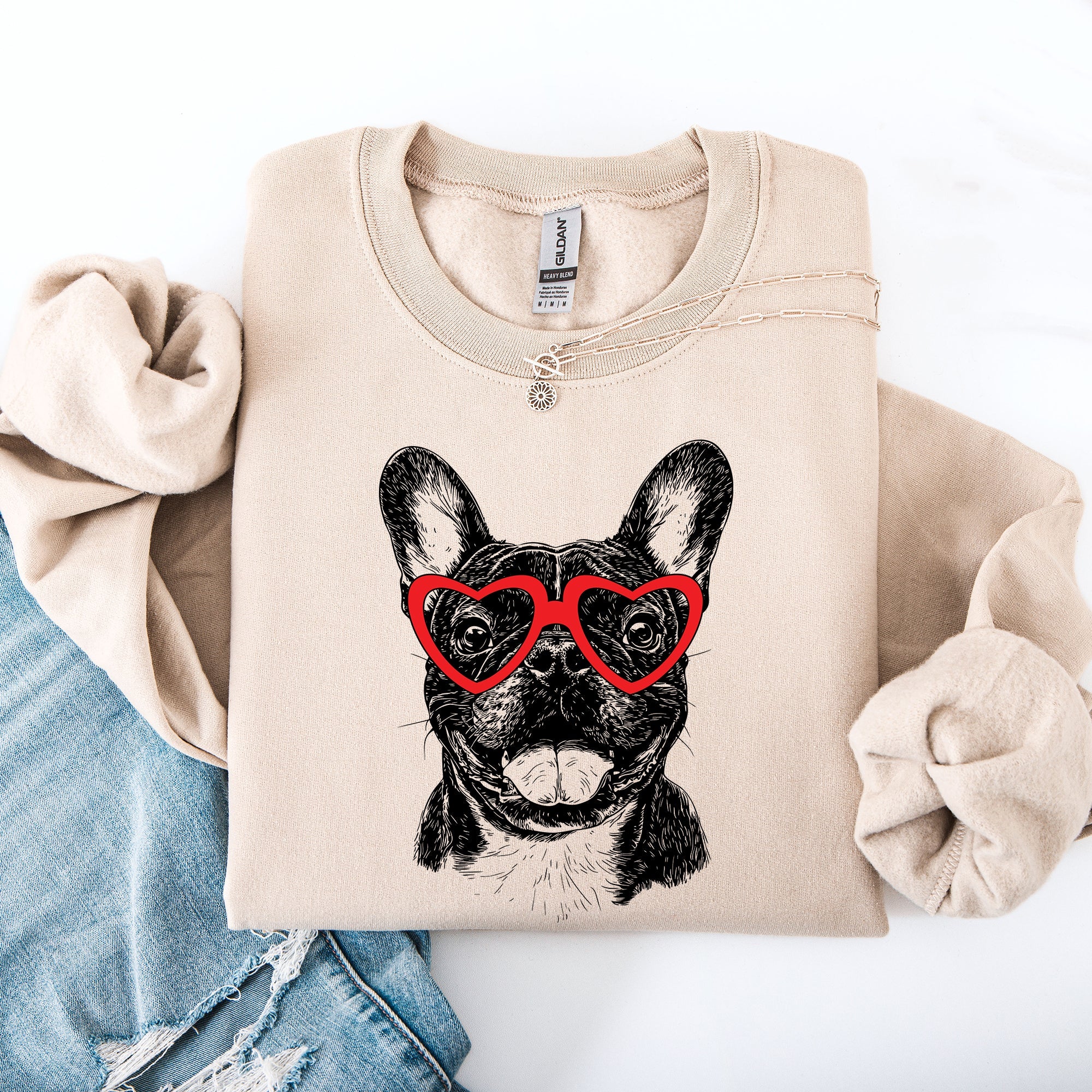 Frenchie Valentine Bulldog Lovers Heart Design For Dog Parents Cozy Seasonal Sweatshirt