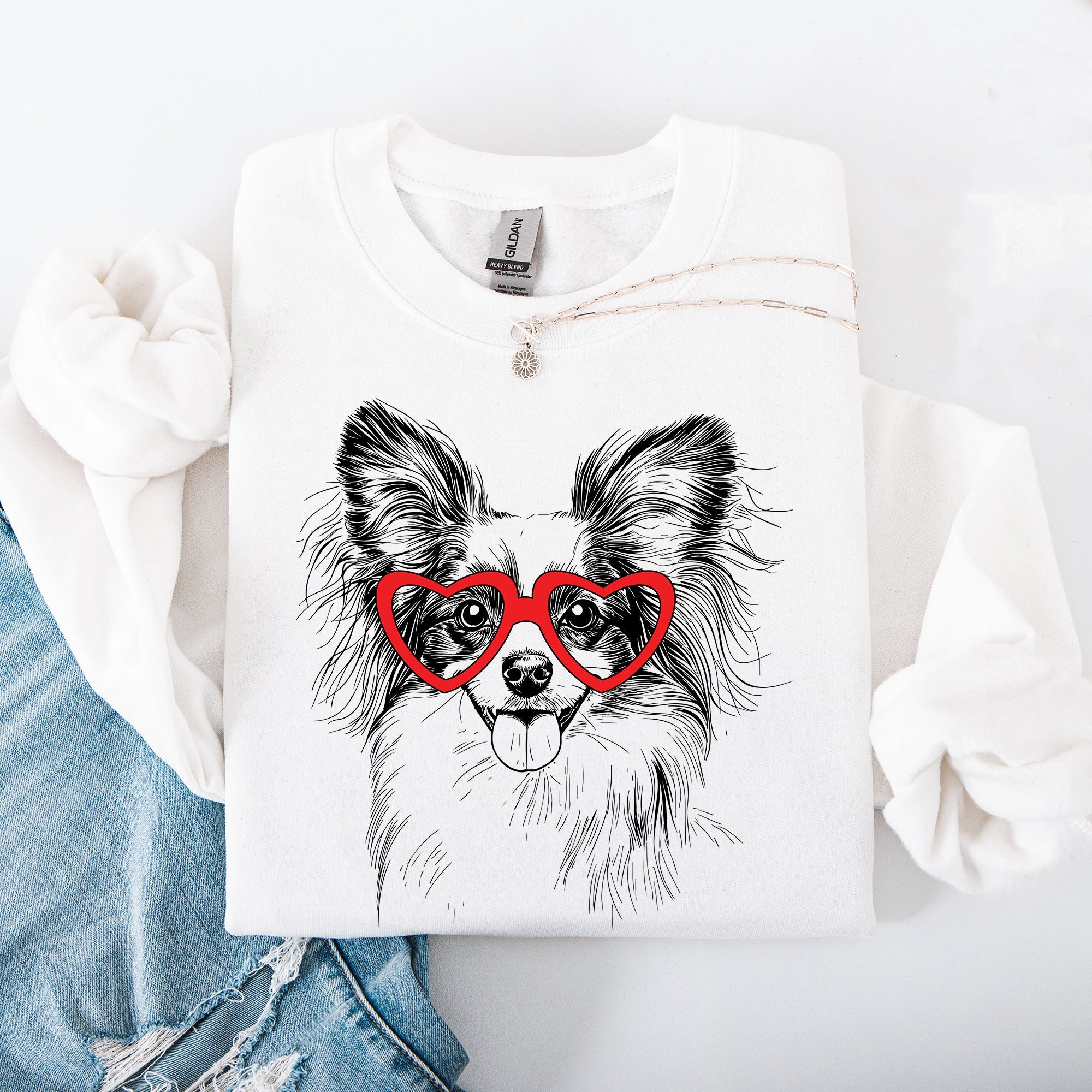 Papillon Proud Pet Lover Valentine's Day Paw Print Heartbeat Graphic Cozy Sweatshirt
