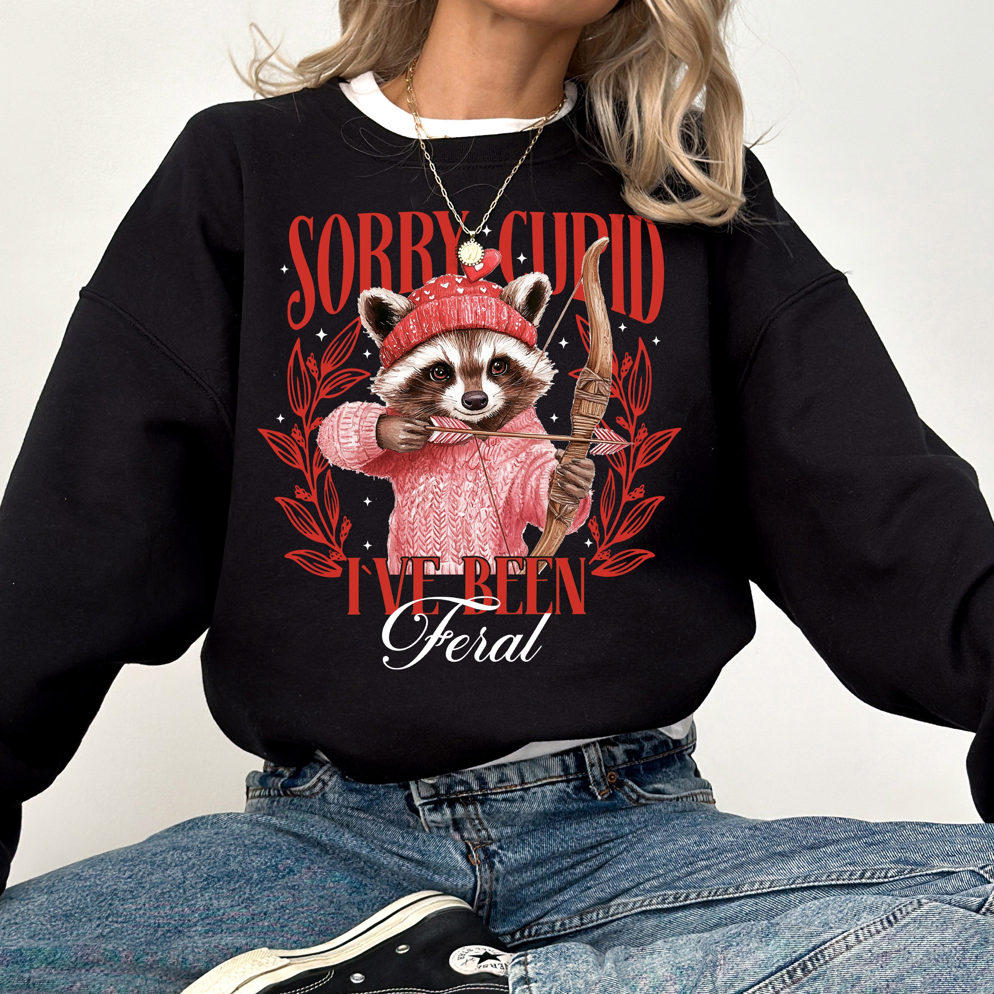 Sorry Cupid Raccoon Feral Valentine's Day Love Print With Cozy Soft Quirk Sweatshirt