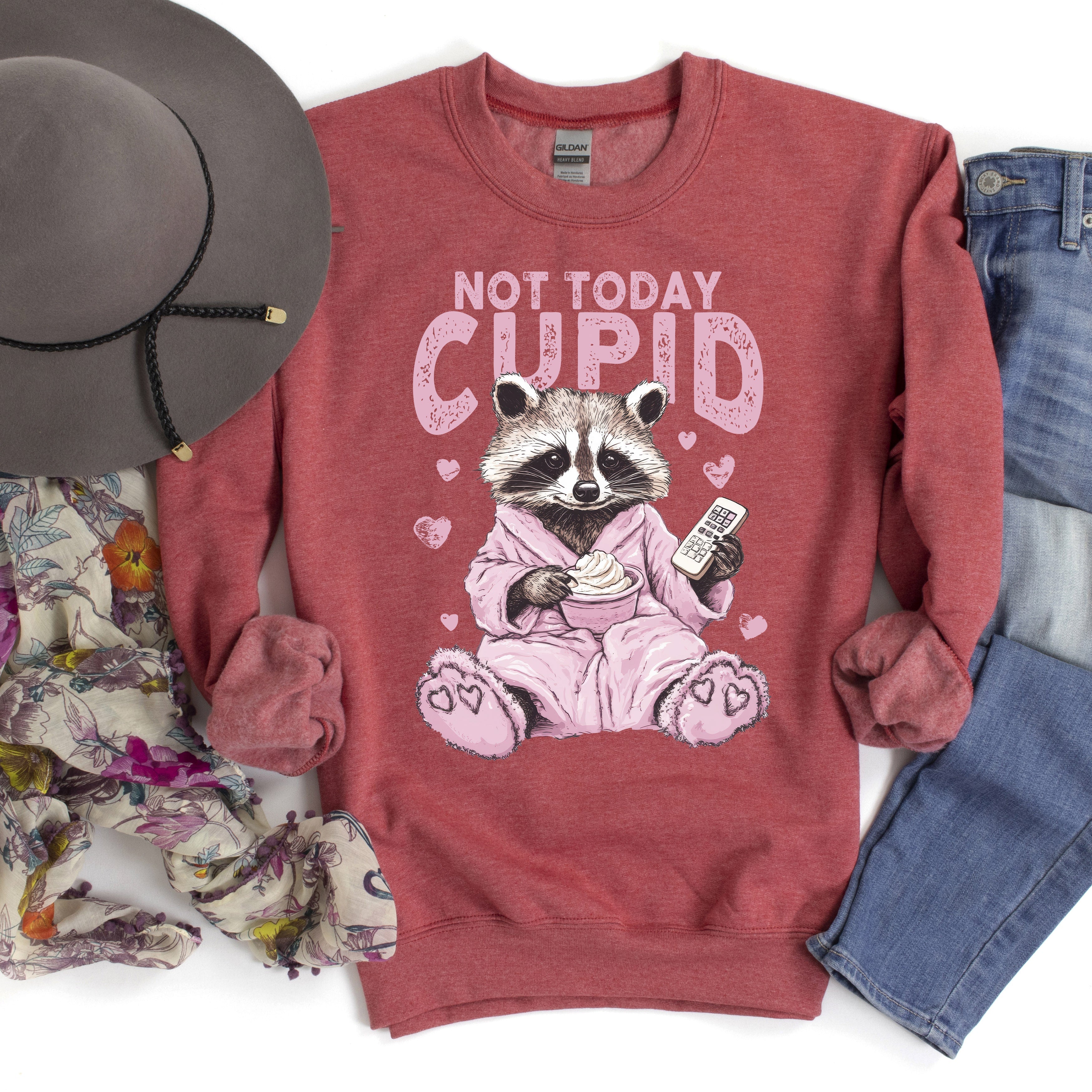 Not Today Cupid Feral Raccoon Valentine's Day Love For Pun Lovers Graphic Sweatshirt