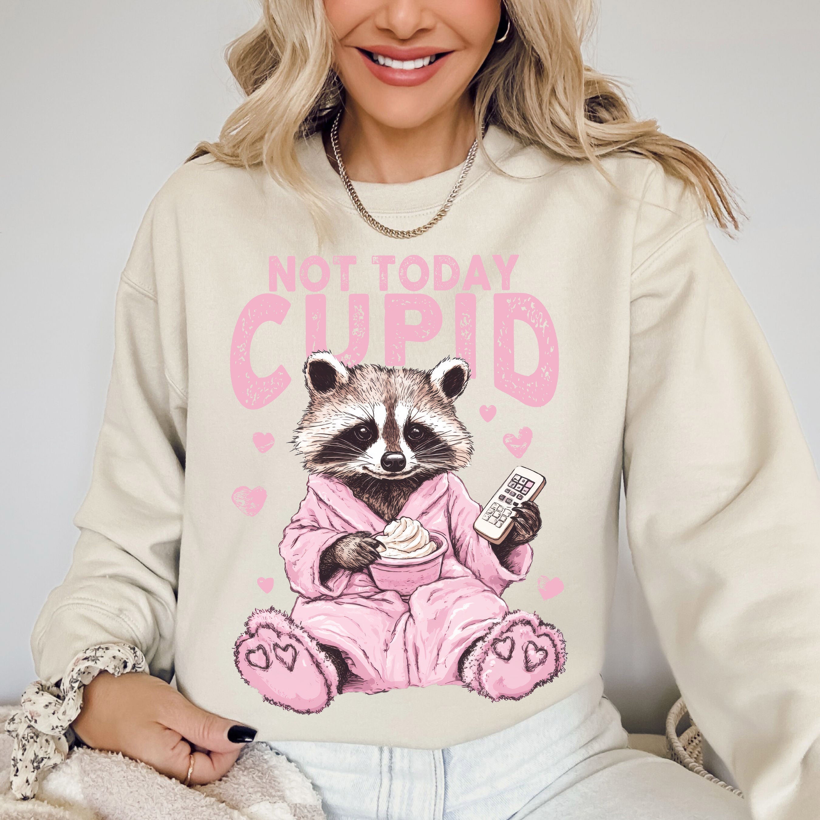 Not Today Cupid Feral Raccoon Valentine's Day Love For Pun Lovers Graphic Sweatshirt