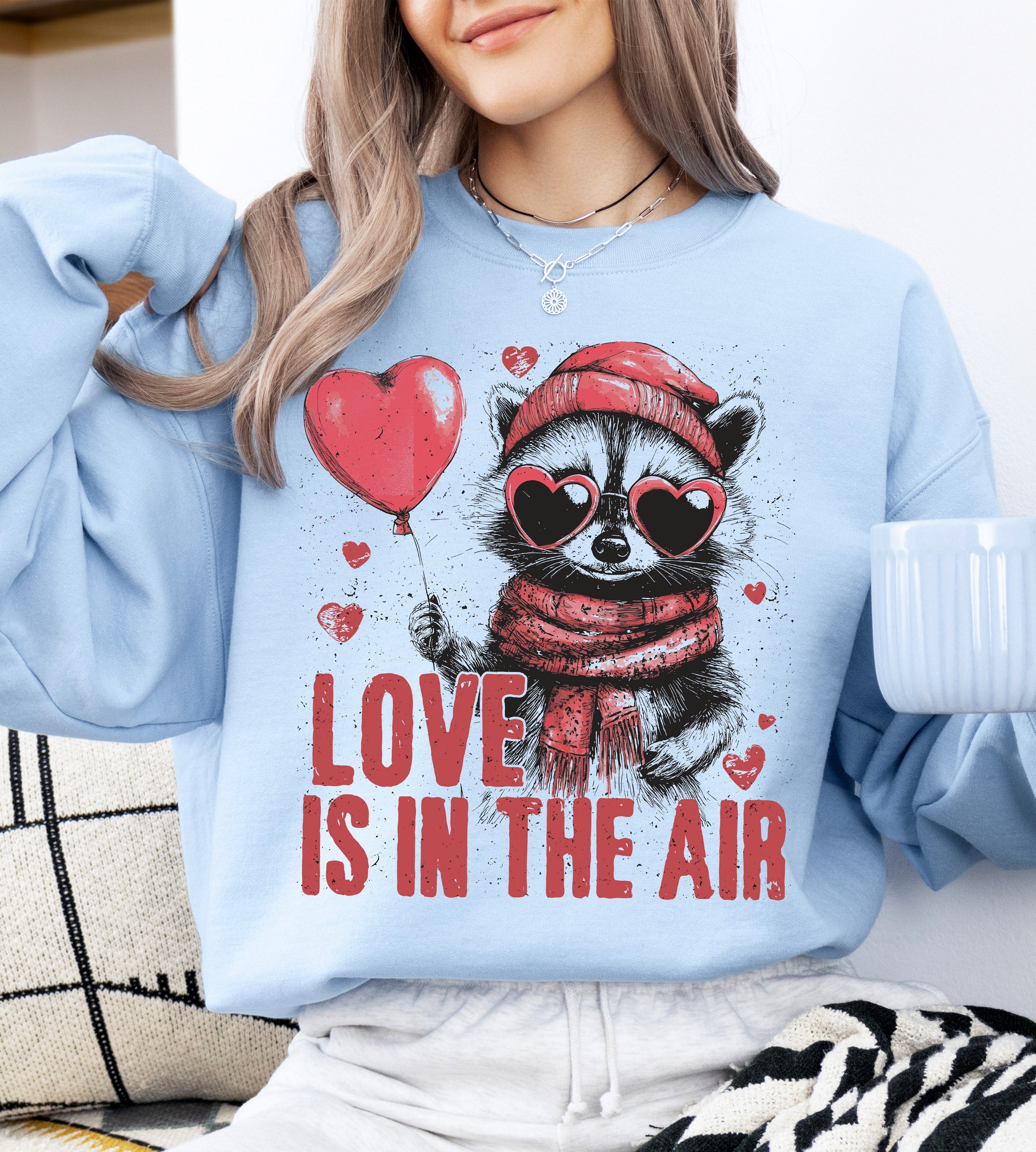 Love Is In The Air Raccoon Lover Valentine's Day Cozy Ultra Soft Warm Graphic Sweatshirt