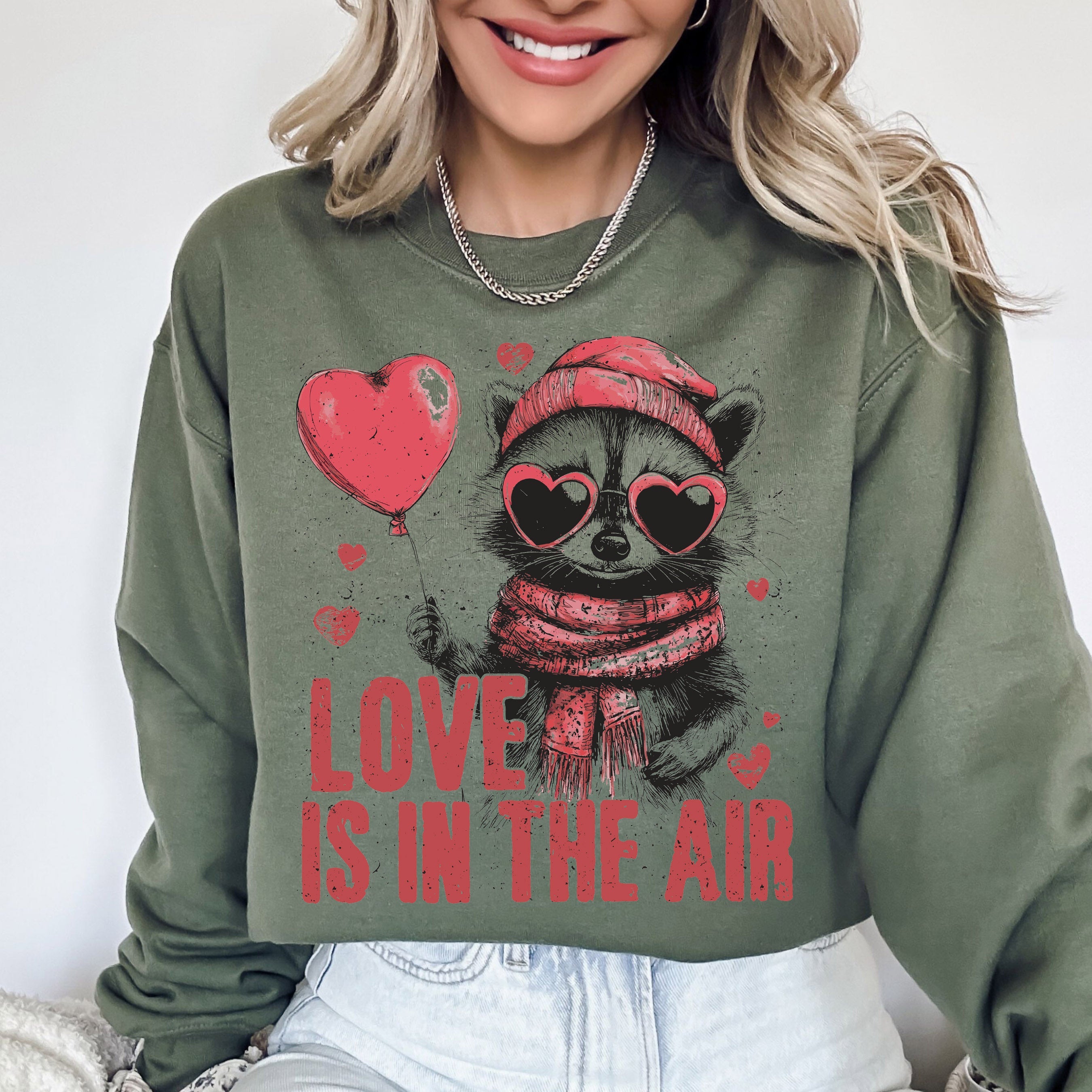 Love Is In The Air Raccoon Lover Valentine's Day Cozy Ultra Soft Warm Graphic Sweatshirt