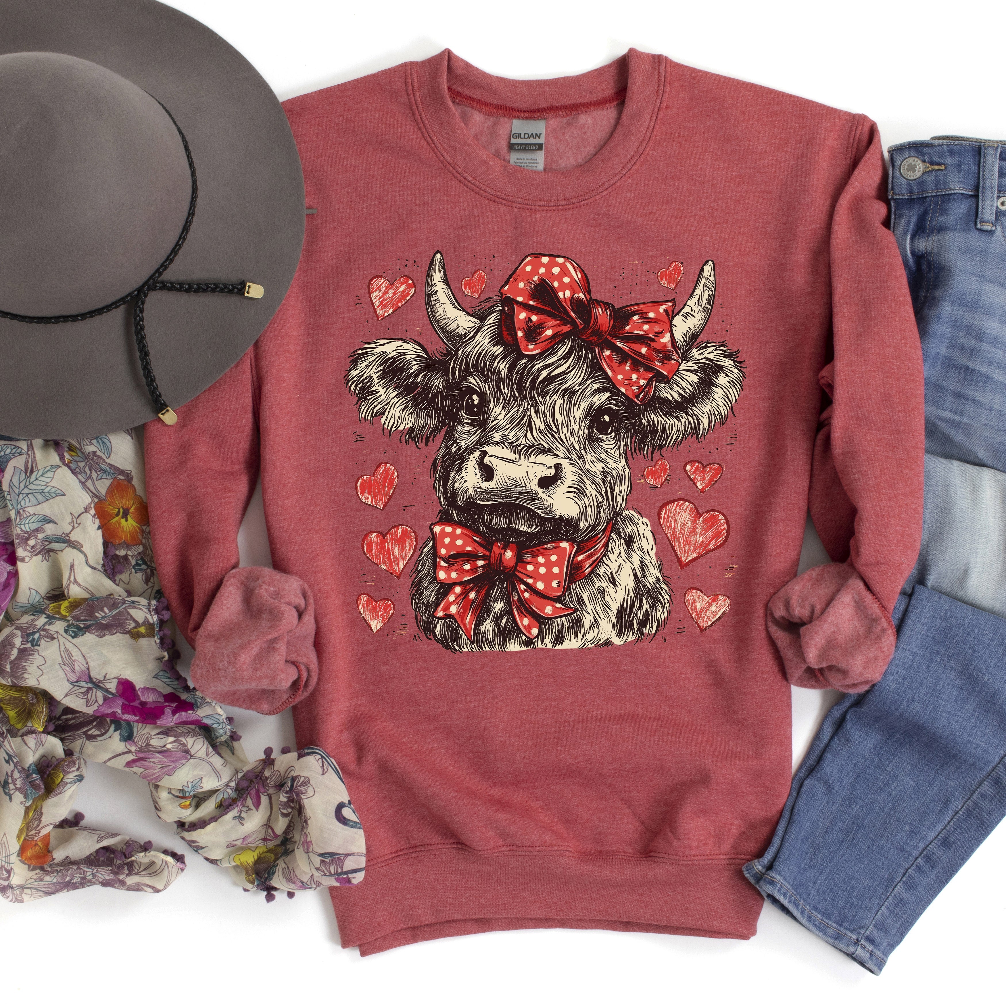 Highland Cow Western Hearts Country Valentine's Day Love Cozy Ranch Style Sweatshirt
