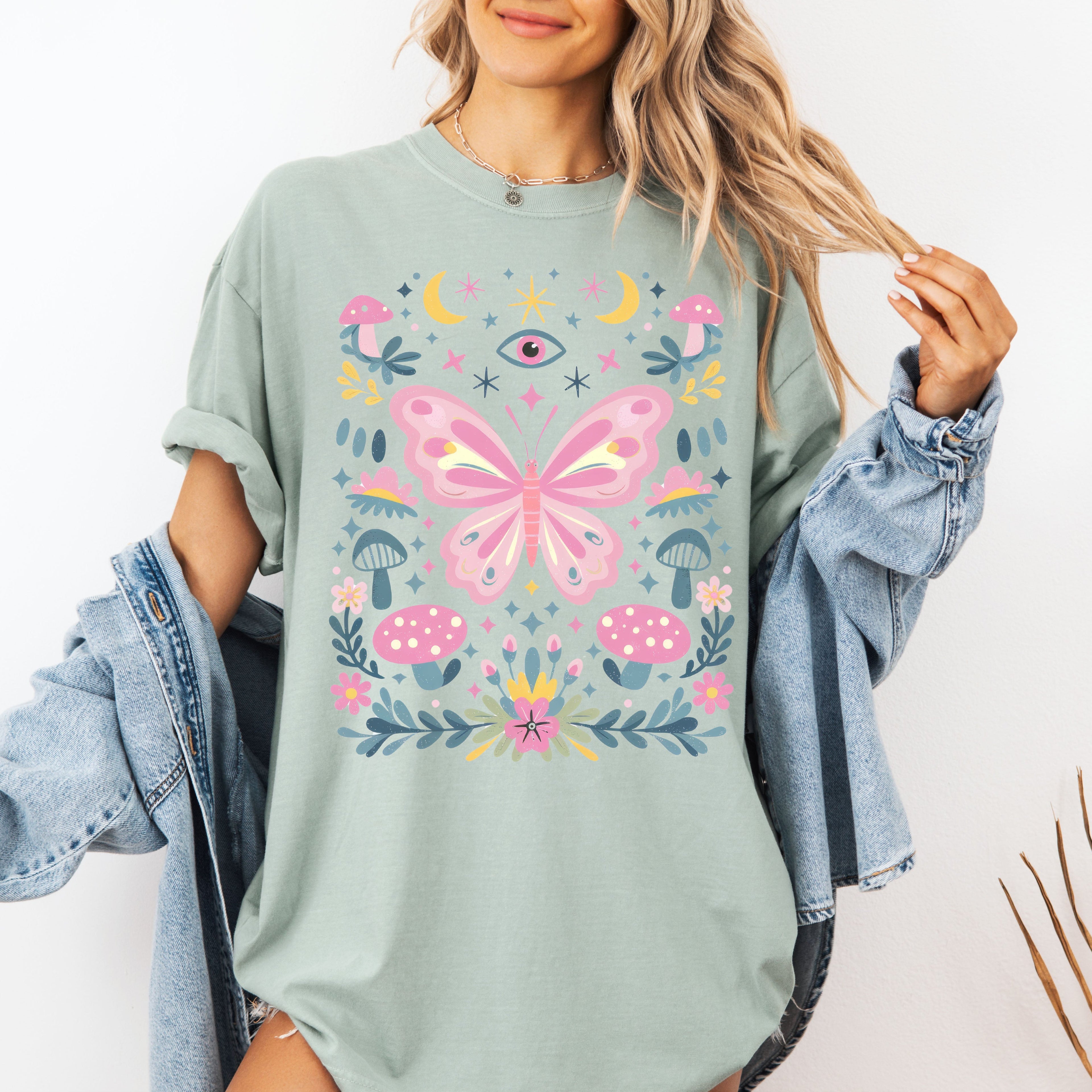 Celestial Butterfly, Stars, Vintage, Pink, Forest, Floral Art Print Comfort Colors Tee
