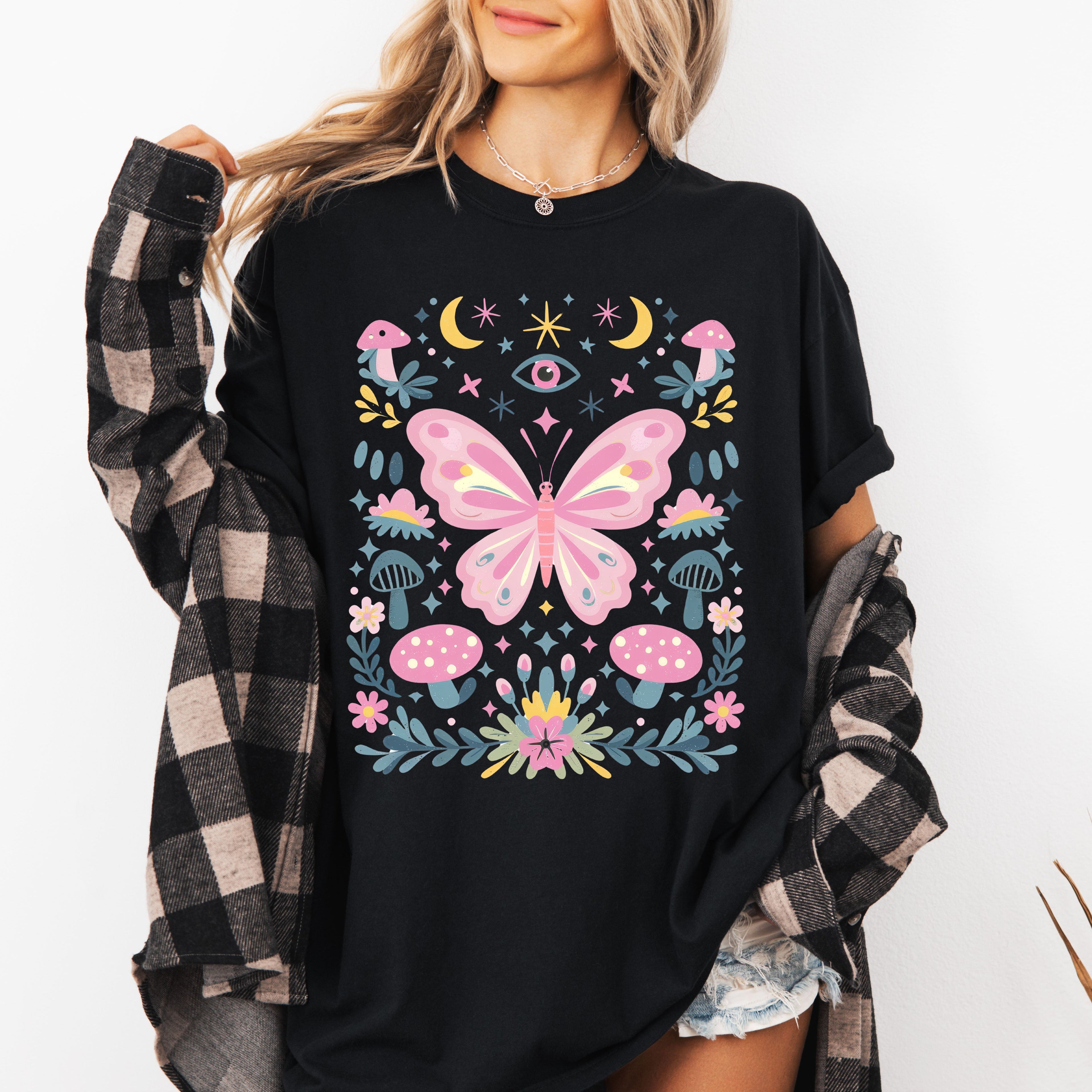 Celestial Butterfly, Stars, Vintage, Pink, Forest, Floral Art Print Comfort Colors Tee