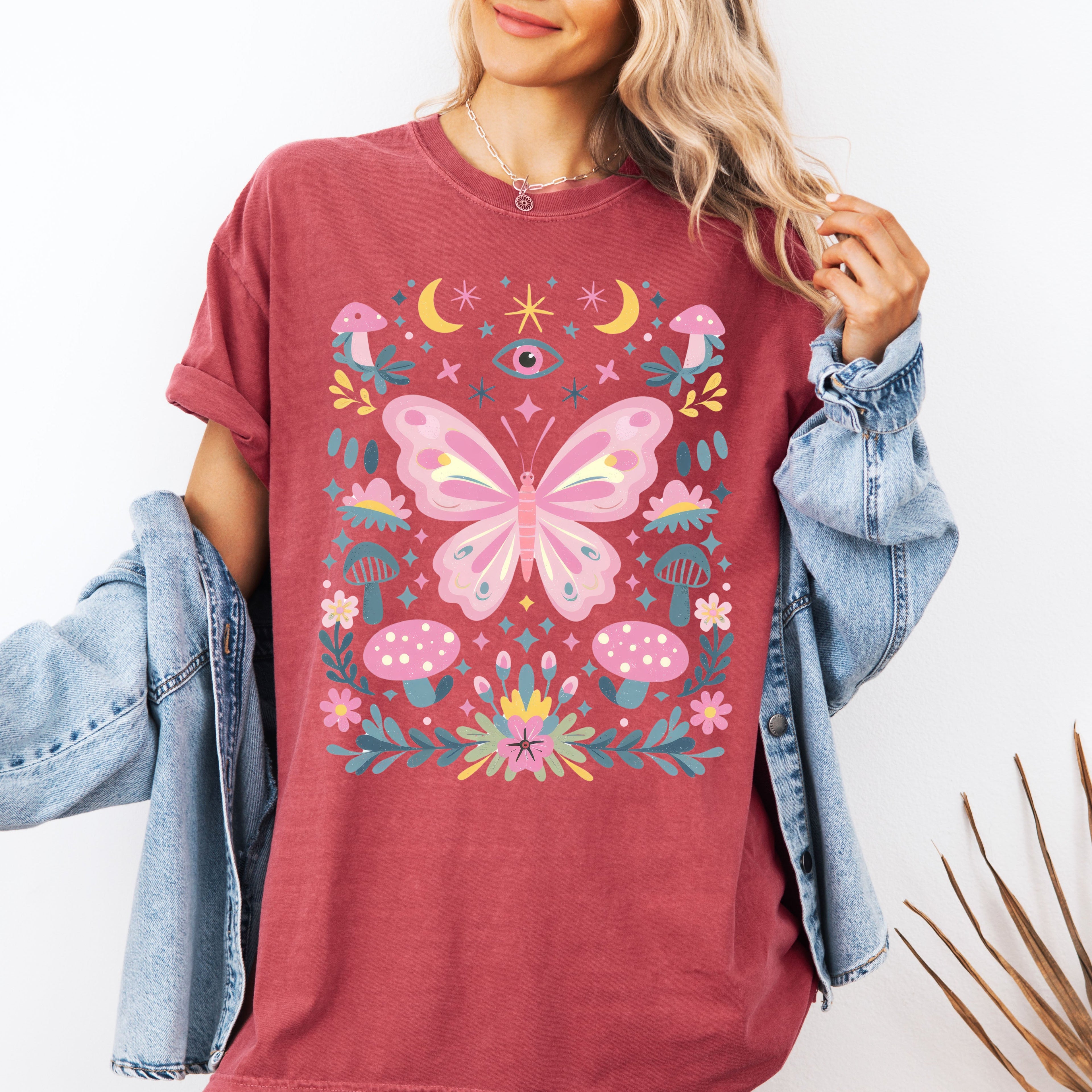 Celestial Butterfly, Stars, Vintage, Pink, Forest, Floral Art Print Comfort Colors Tee