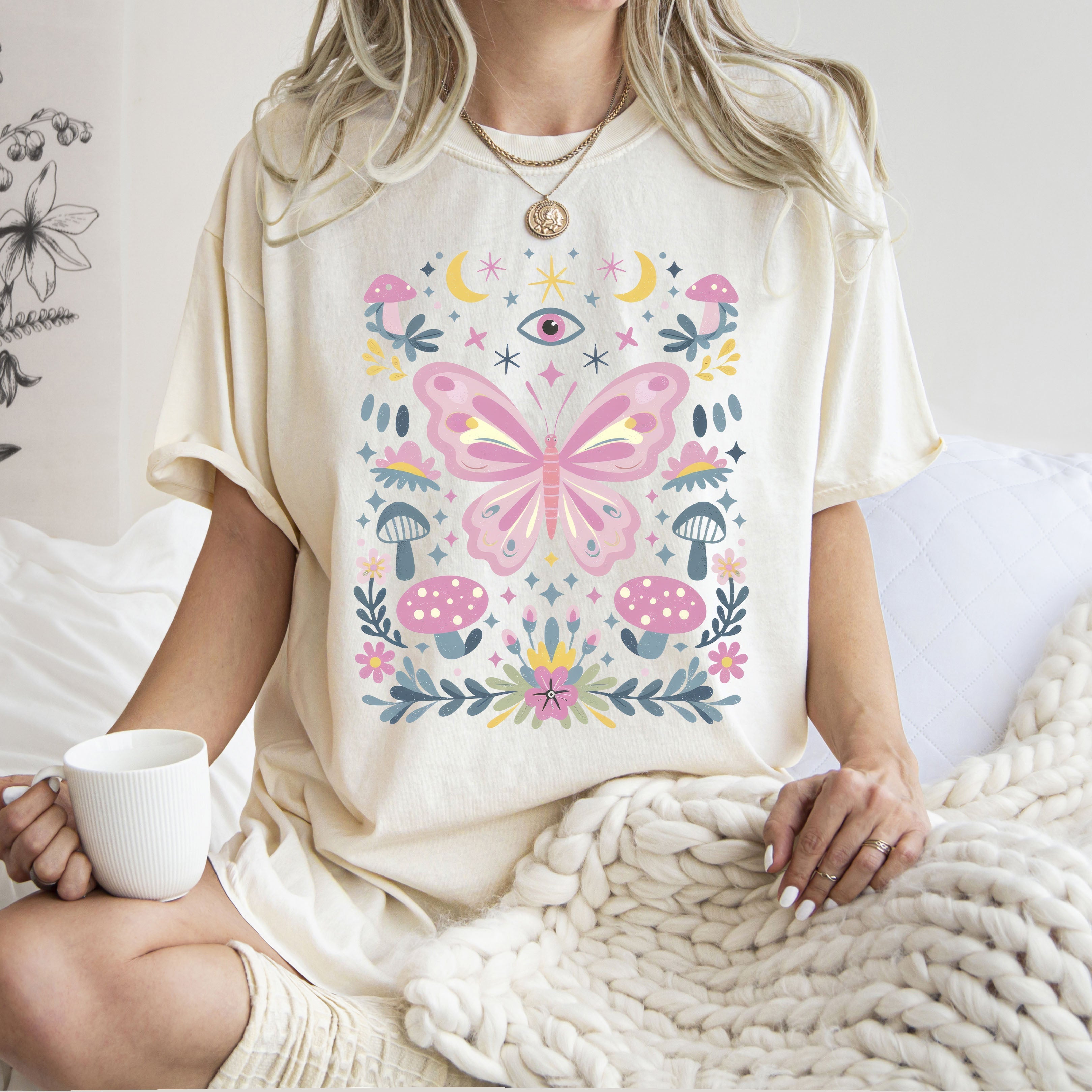 Celestial Butterfly, Stars, Vintage, Pink, Forest, Floral Art Print Comfort Colors Tee