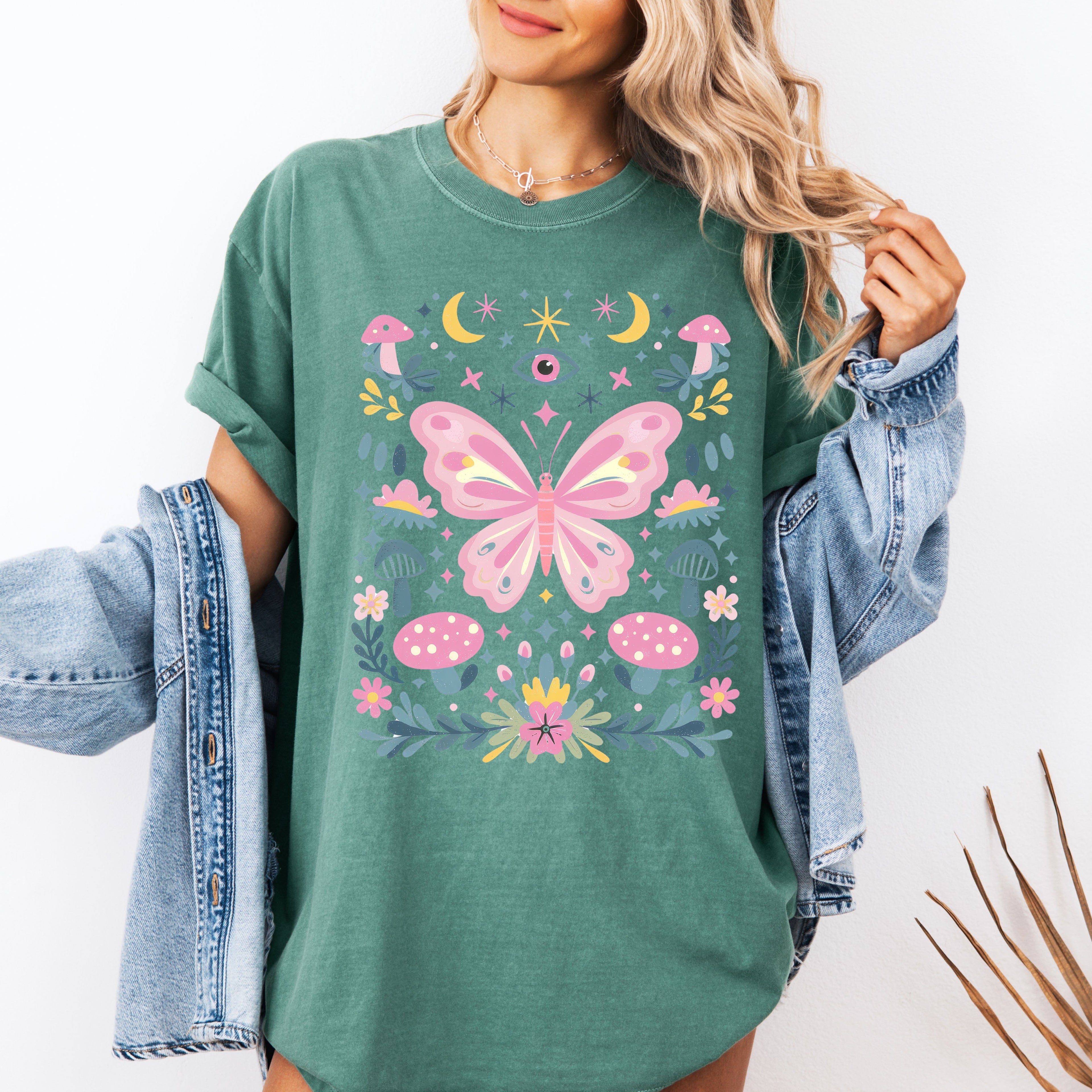Celestial Butterfly, Stars, Vintage, Pink, Forest, Floral Art Print Comfort Colors Tee