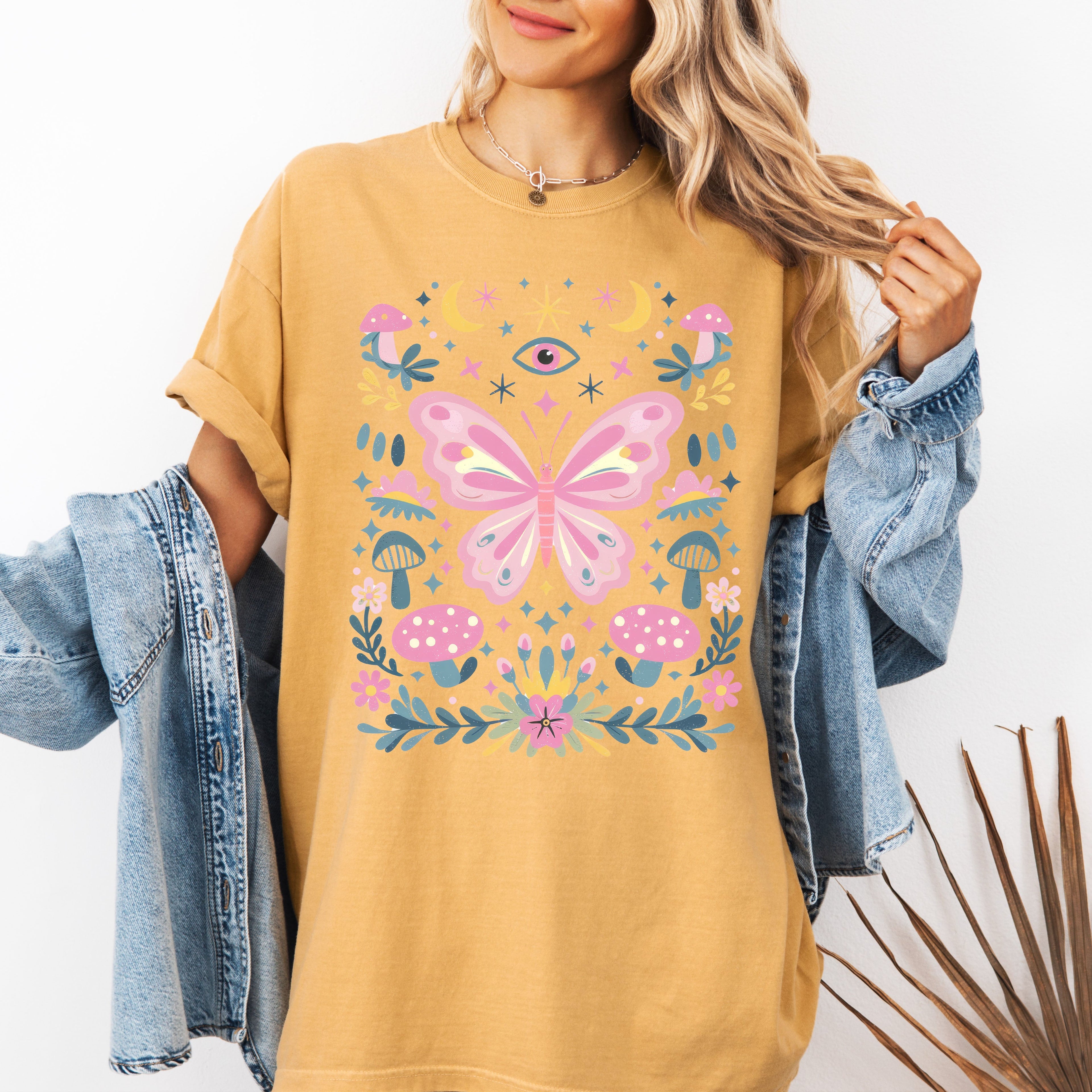 Celestial Butterfly, Stars, Vintage, Pink, Forest, Floral Art Print Comfort Colors Tee