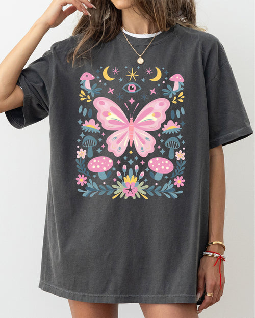 Celestial Butterfly, Stars, Vintage, Pink, Forest, Floral Art Print Comfort Colors Tee