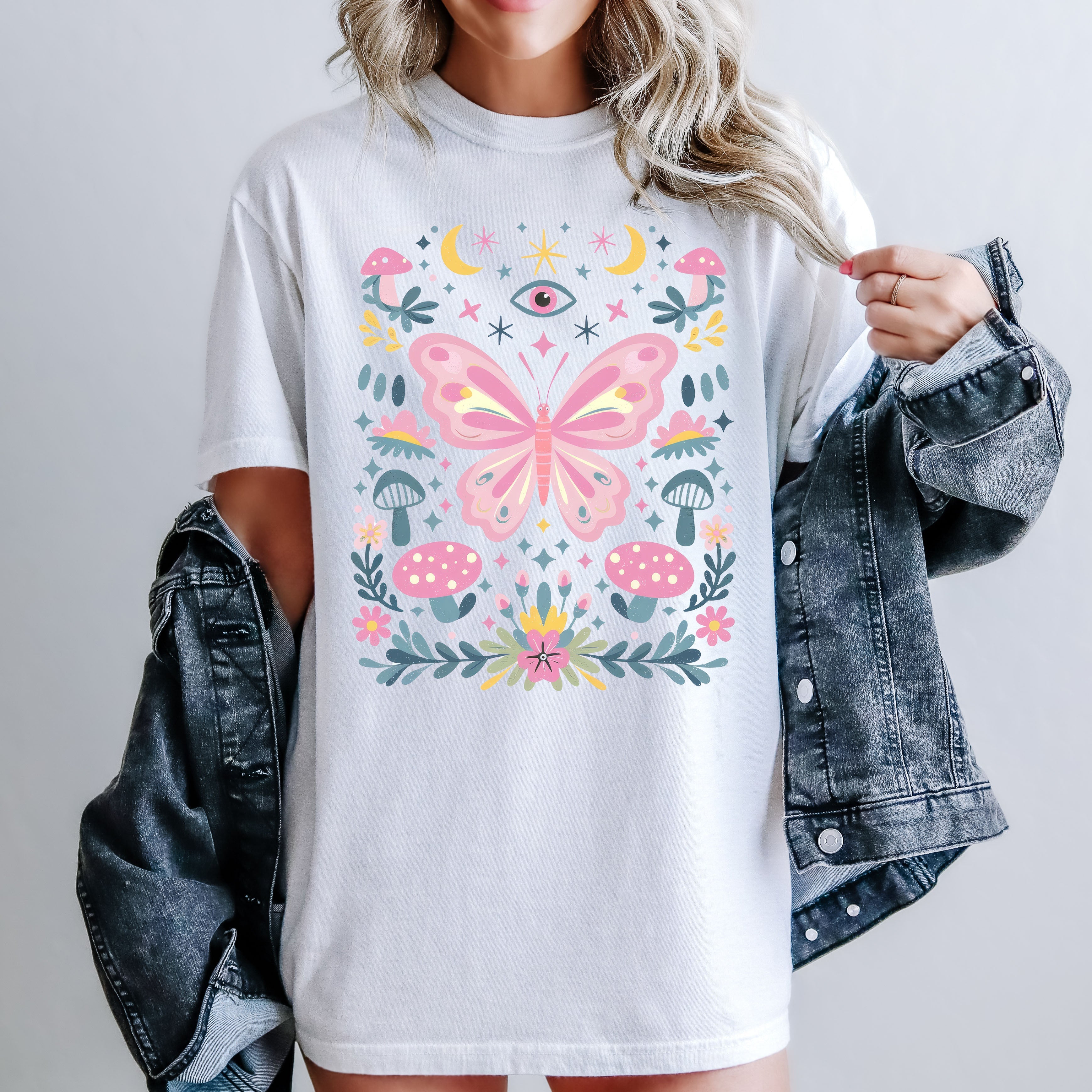 Celestial Butterfly, Stars, Vintage, Pink, Forest, Floral Art Print Comfort Colors Tee