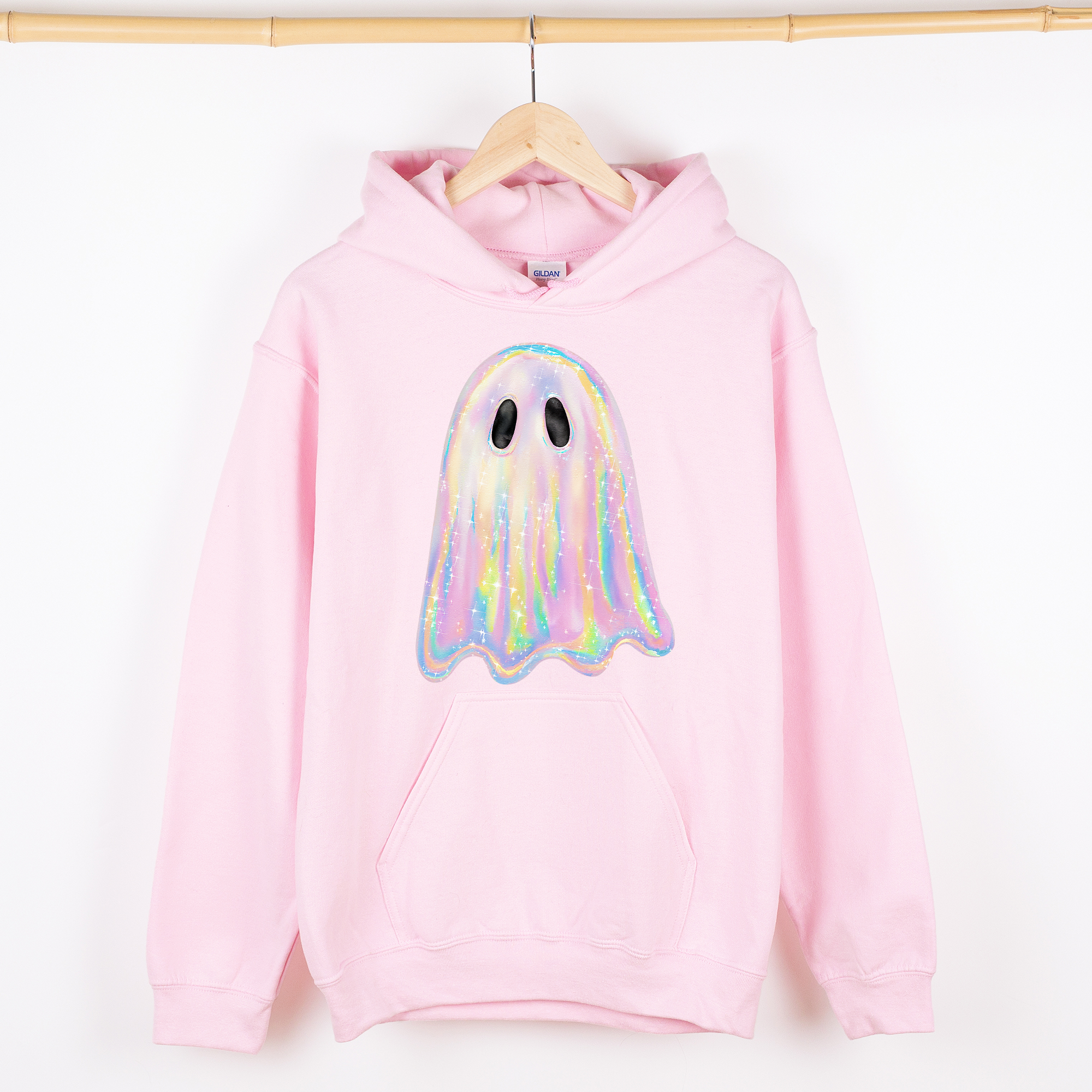 Shimmering Ghost Iridescent Boo Halloween Vintage Vibe Graphic Hooded Sweatshirt
