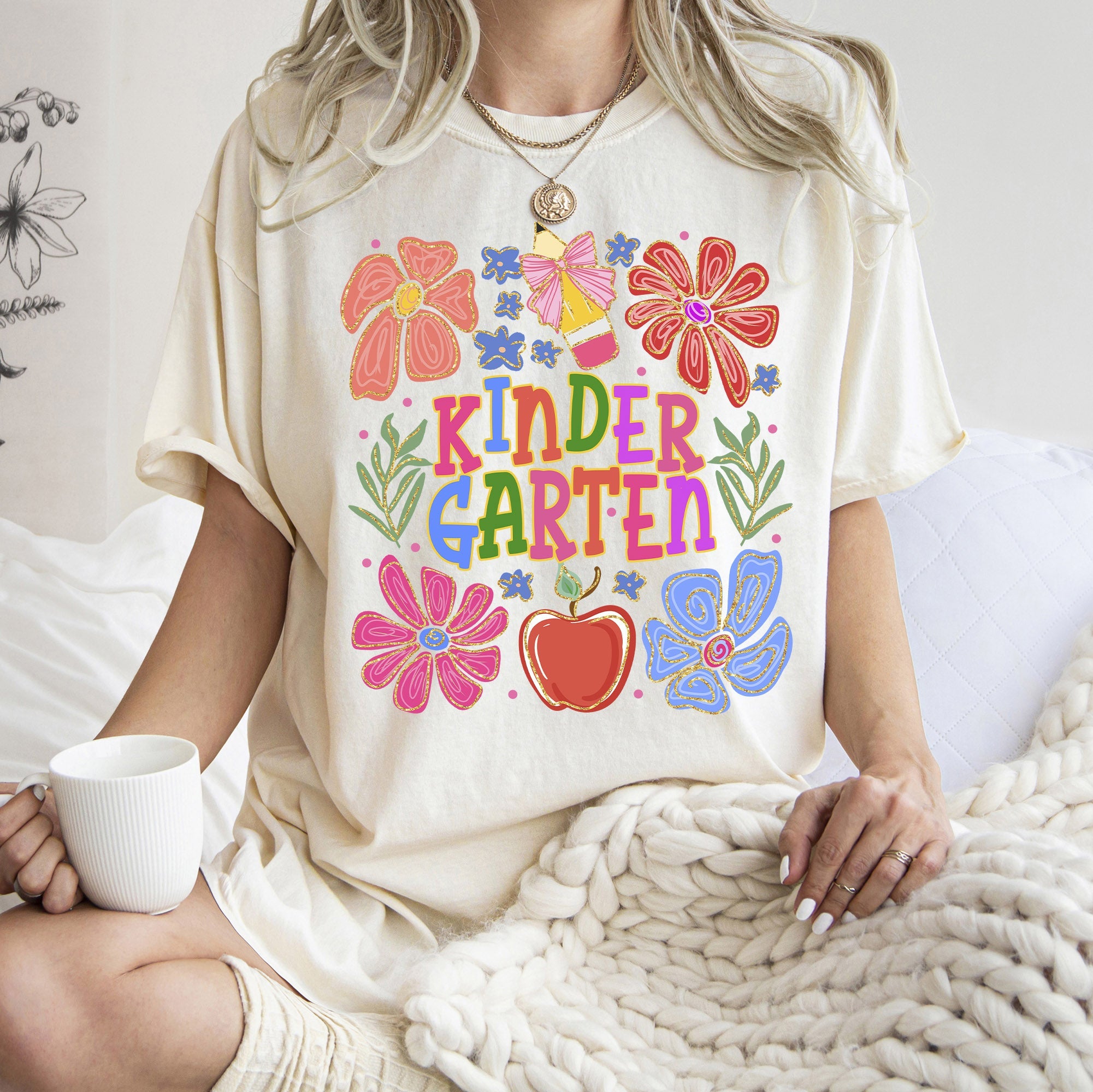 Kindergarten Boho Teacher Floral Back To School First Day Of School Edition Comfort Colors Tee