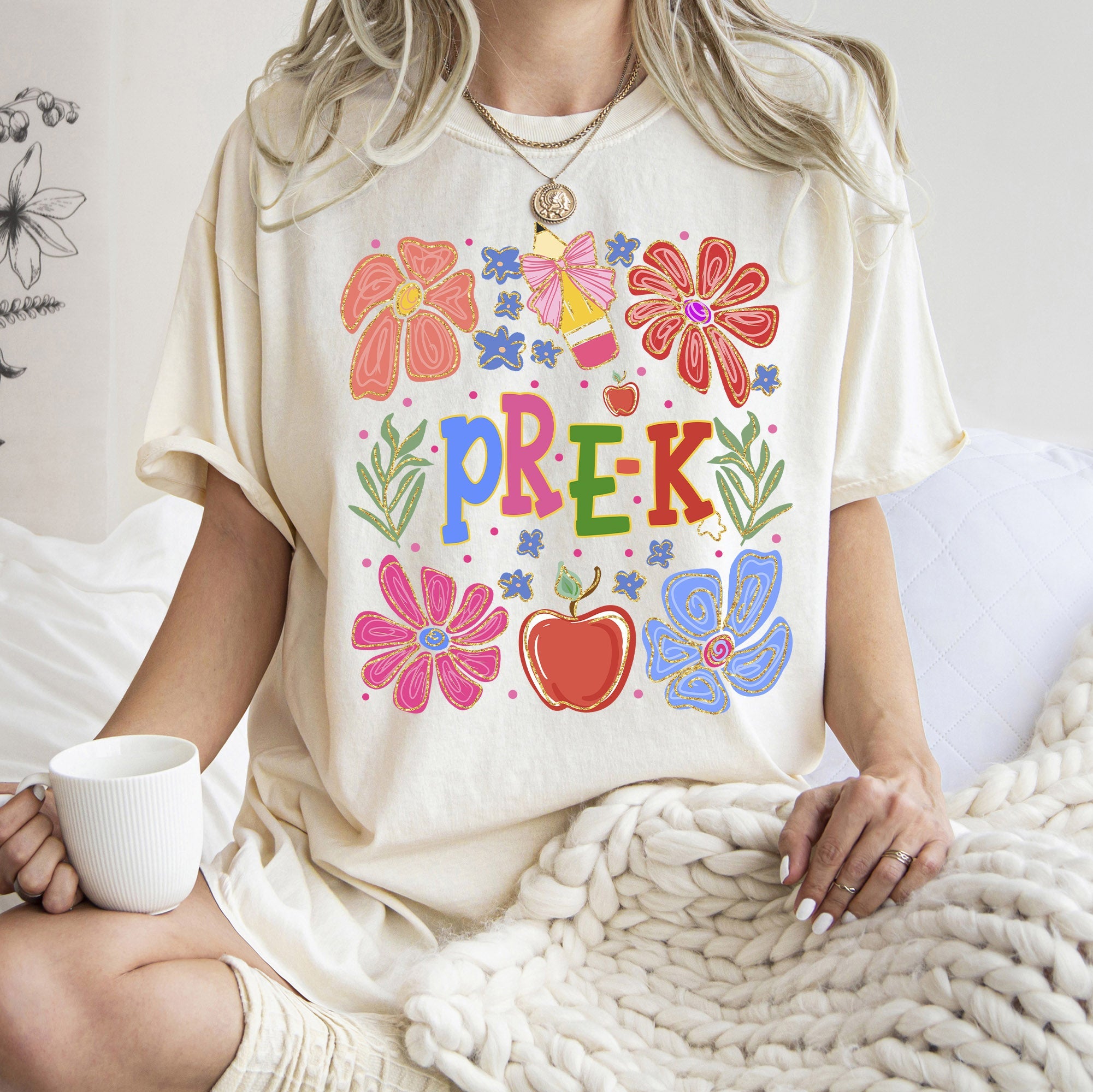 Pre-K Boho Teacher Floral Back To School First Day Teacher Appreciation Comfort Colors Tee