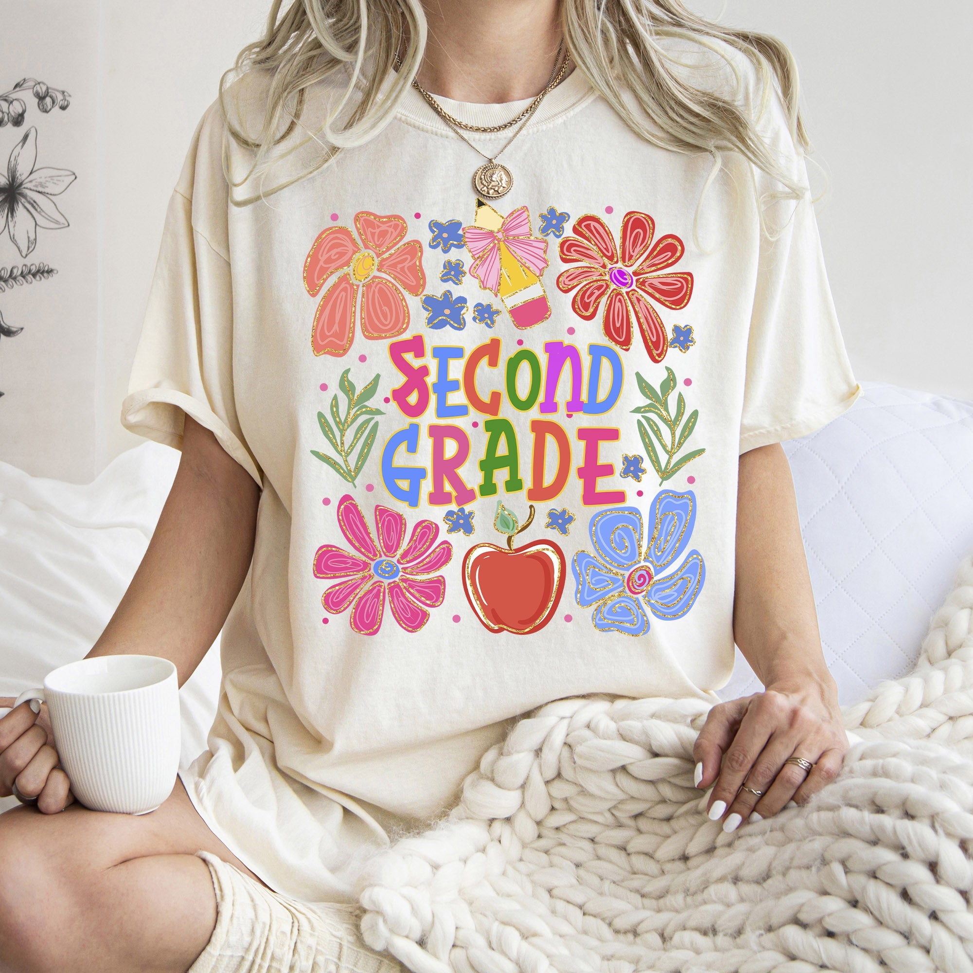 Second Grade Boho Teacher Floral Back To School First Day Of School Teacher Appreciation Comfort Colors Tee