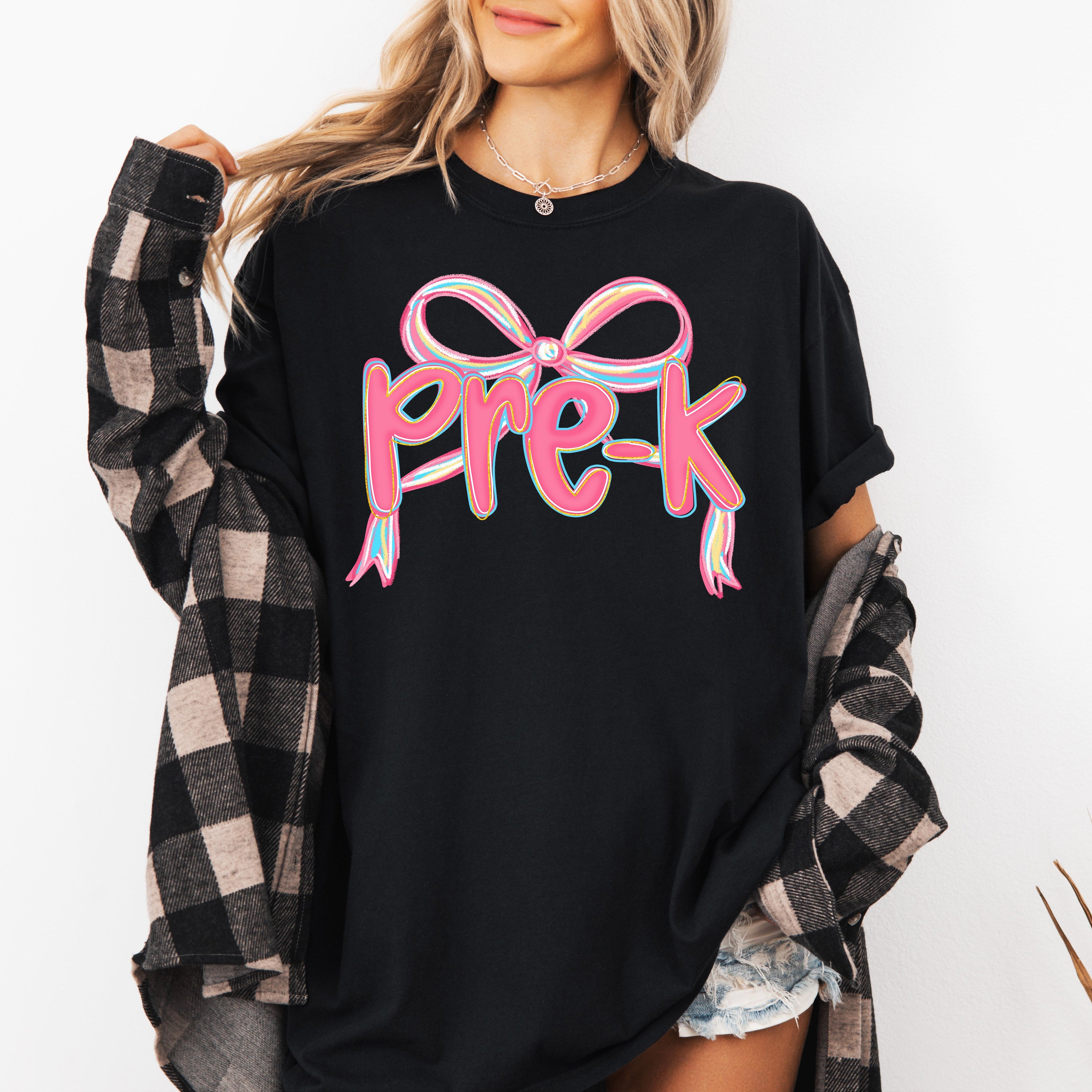 Pre-K Neon Pink Teacher Bow First Day Of School Back To School Coquette Comfort Colors Tee