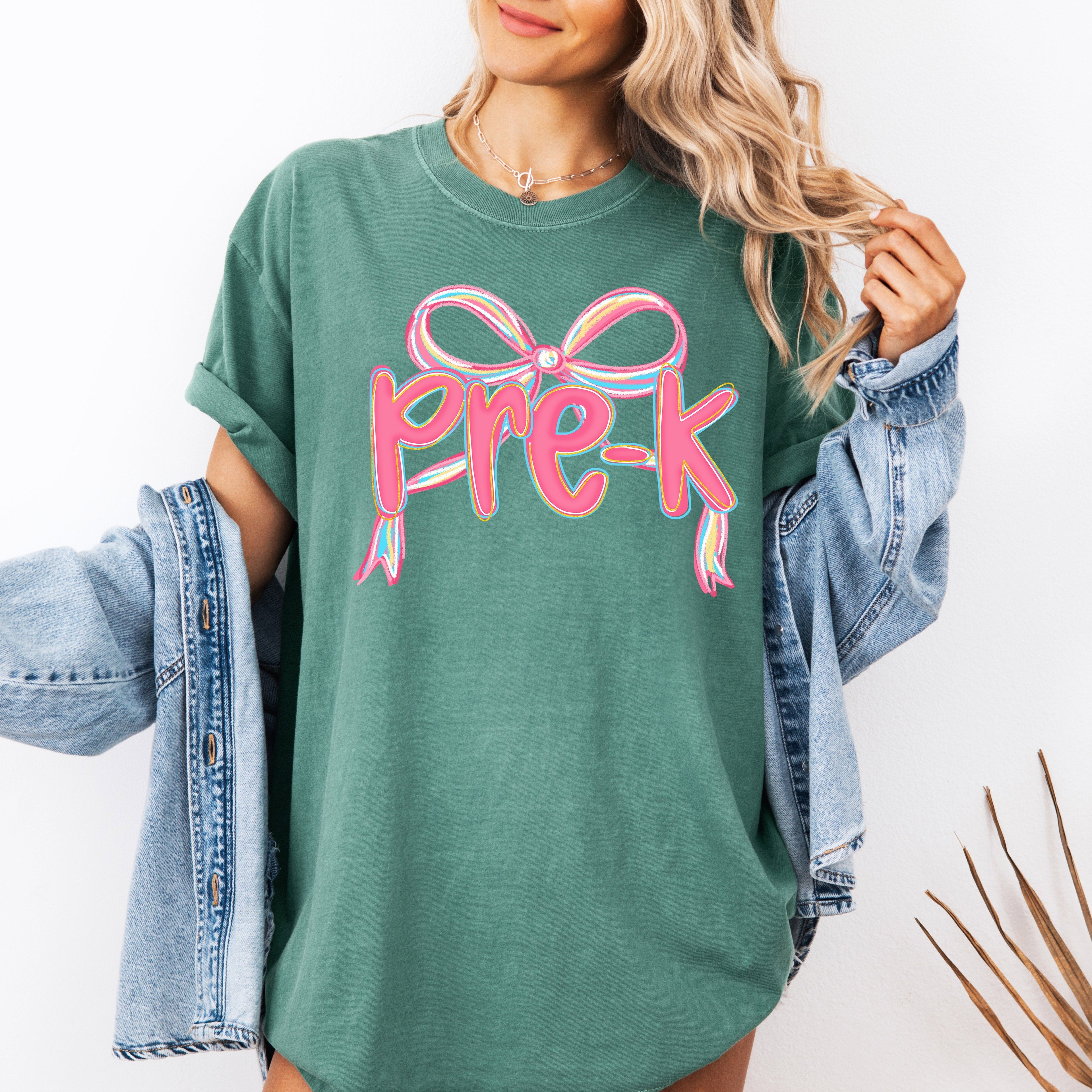 Pre-K Neon Pink Teacher Bow First Day Of School Back To School Coquette Comfort Colors Tee