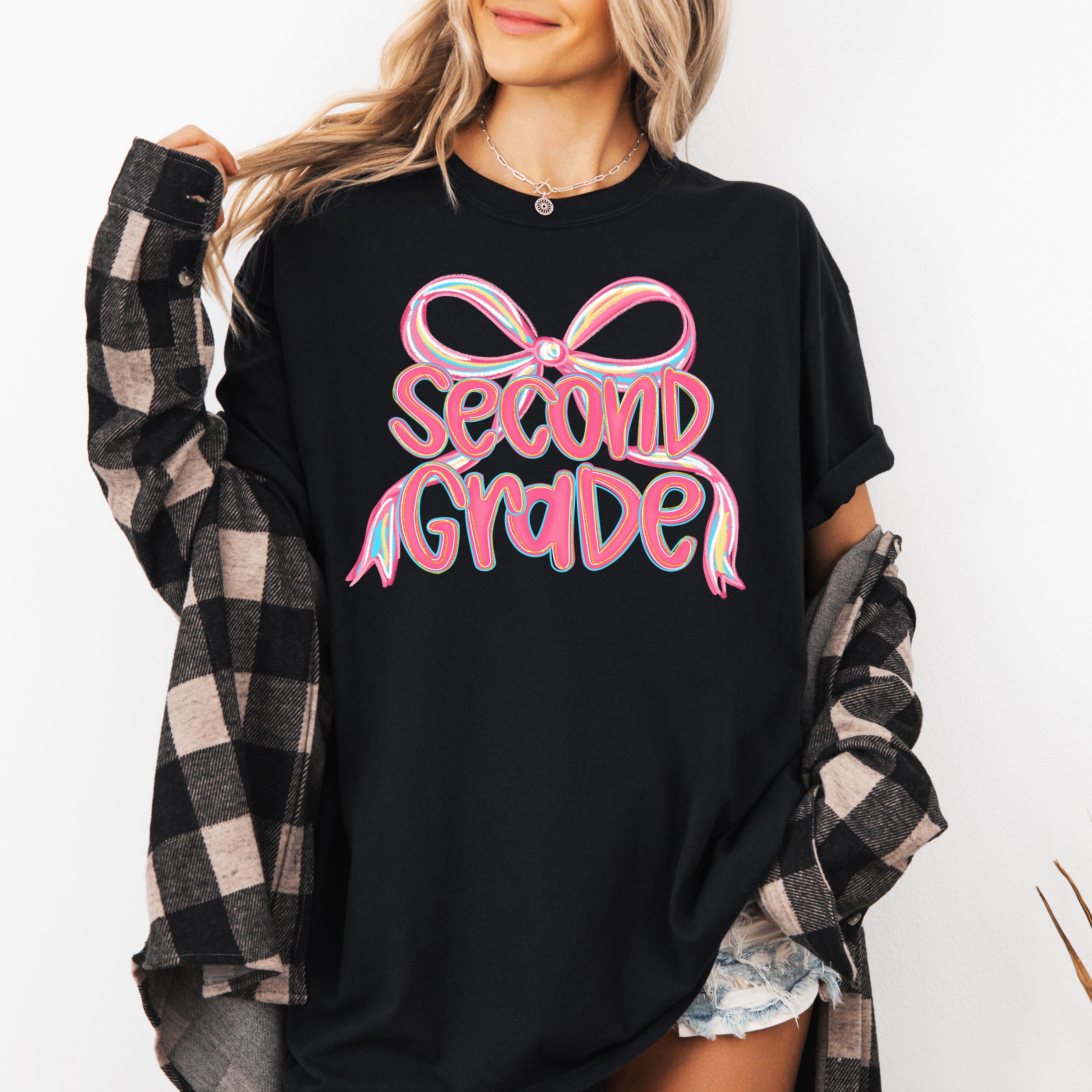 Second Grade Neon Pink Teacher Bow First Day Of School Back To School Coquette Comfort Colors Tee