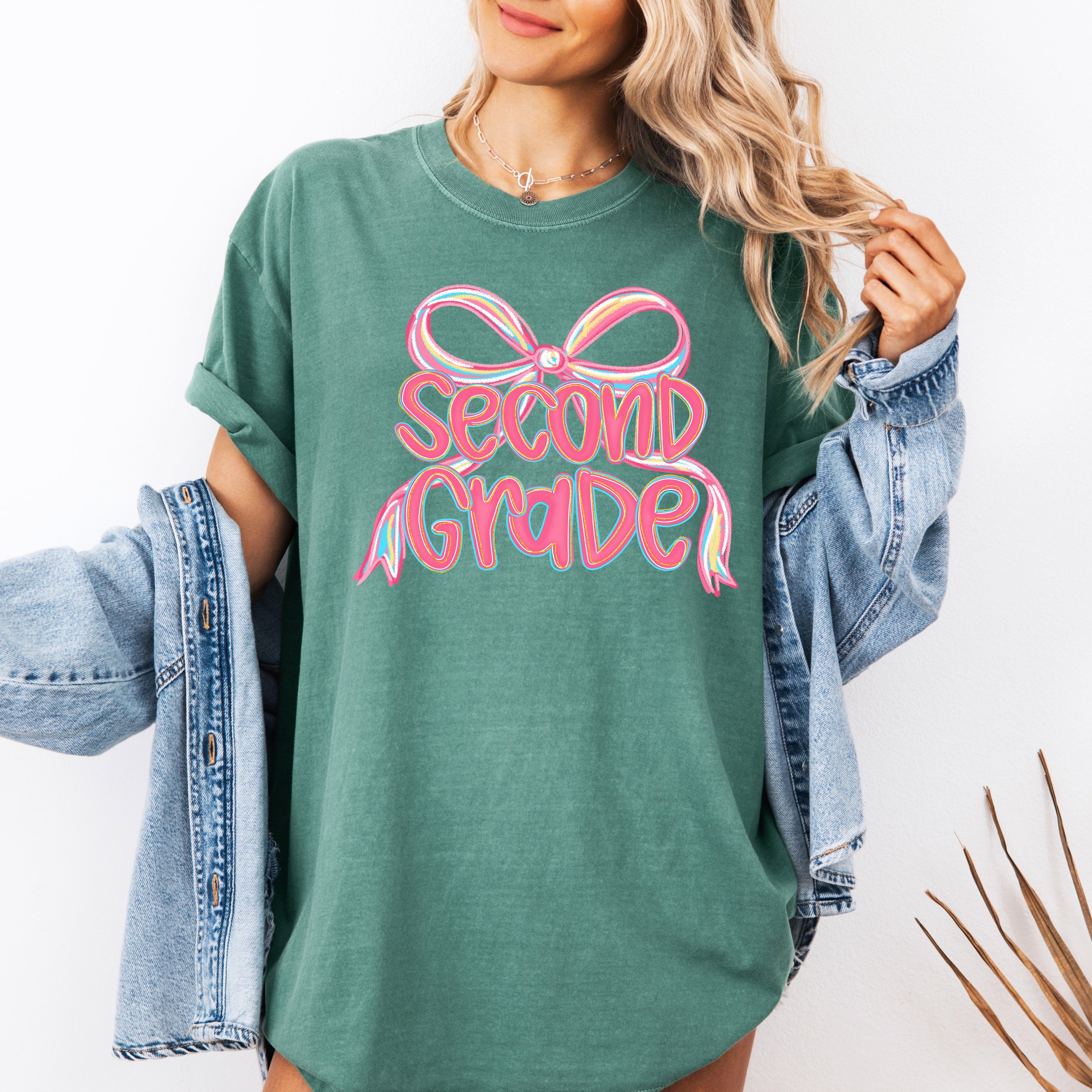 Second Grade Neon Pink Teacher Bow First Day Of School Back To School Coquette Comfort Colors Tee