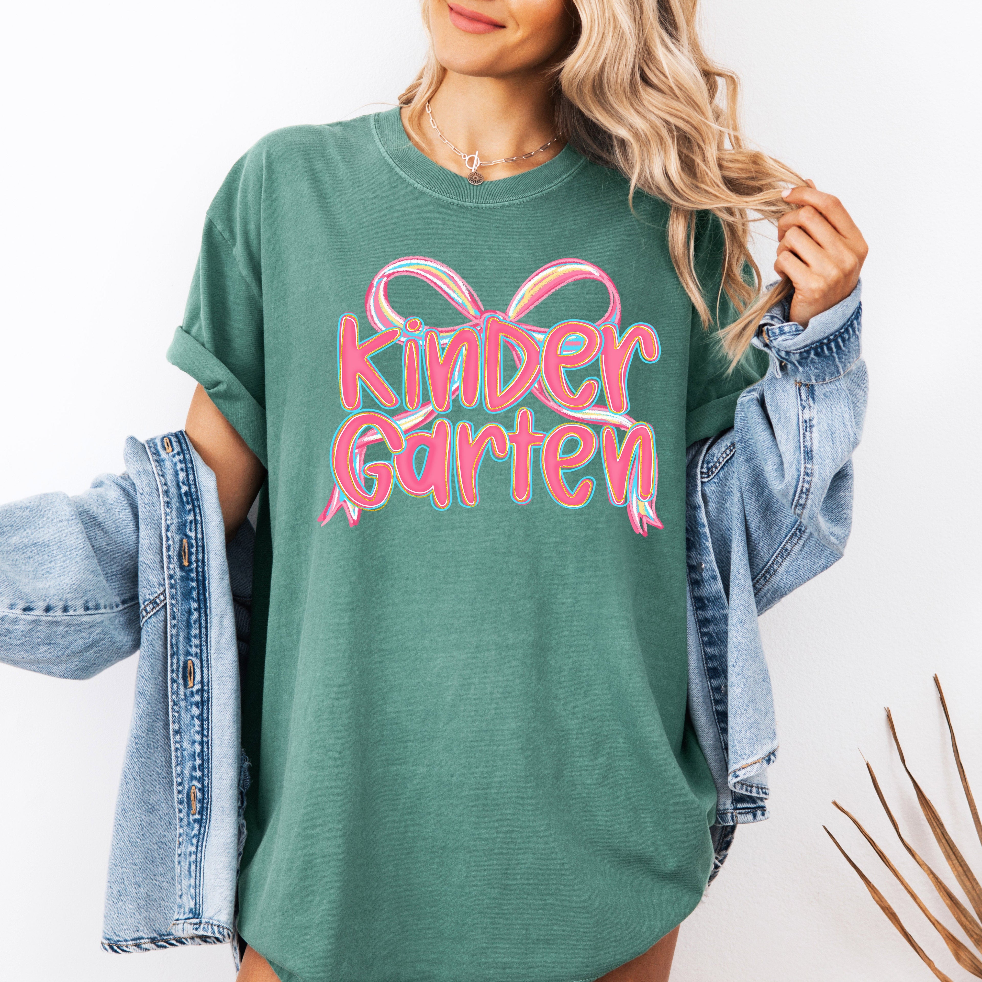 Kindergarten Teacher Back to School Bow Coquette First Day Cheer Comfort Colors Tee