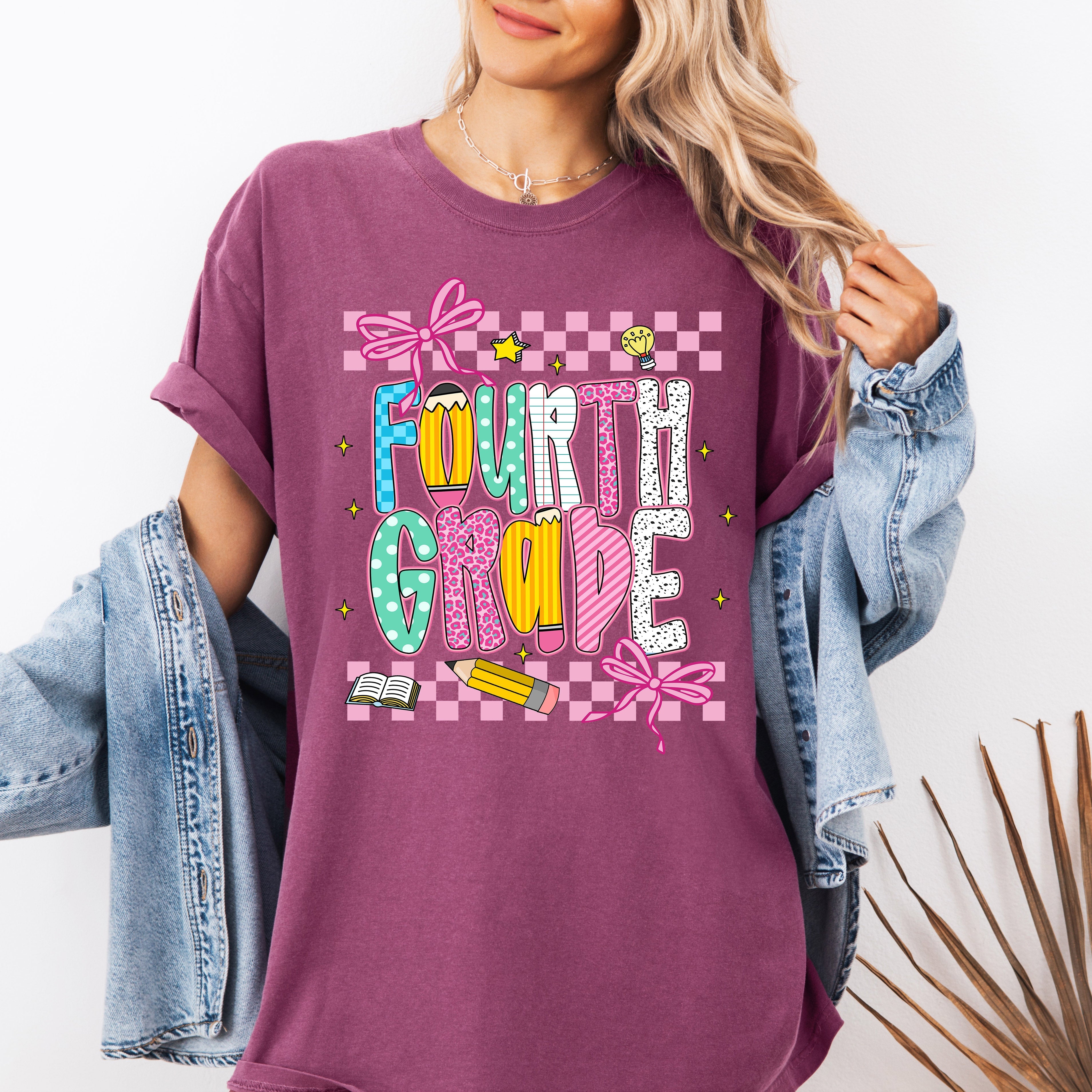 Fourth Grade Teacher First Day Back To School Checkered Bow Coquette Comfort Colors Tee
