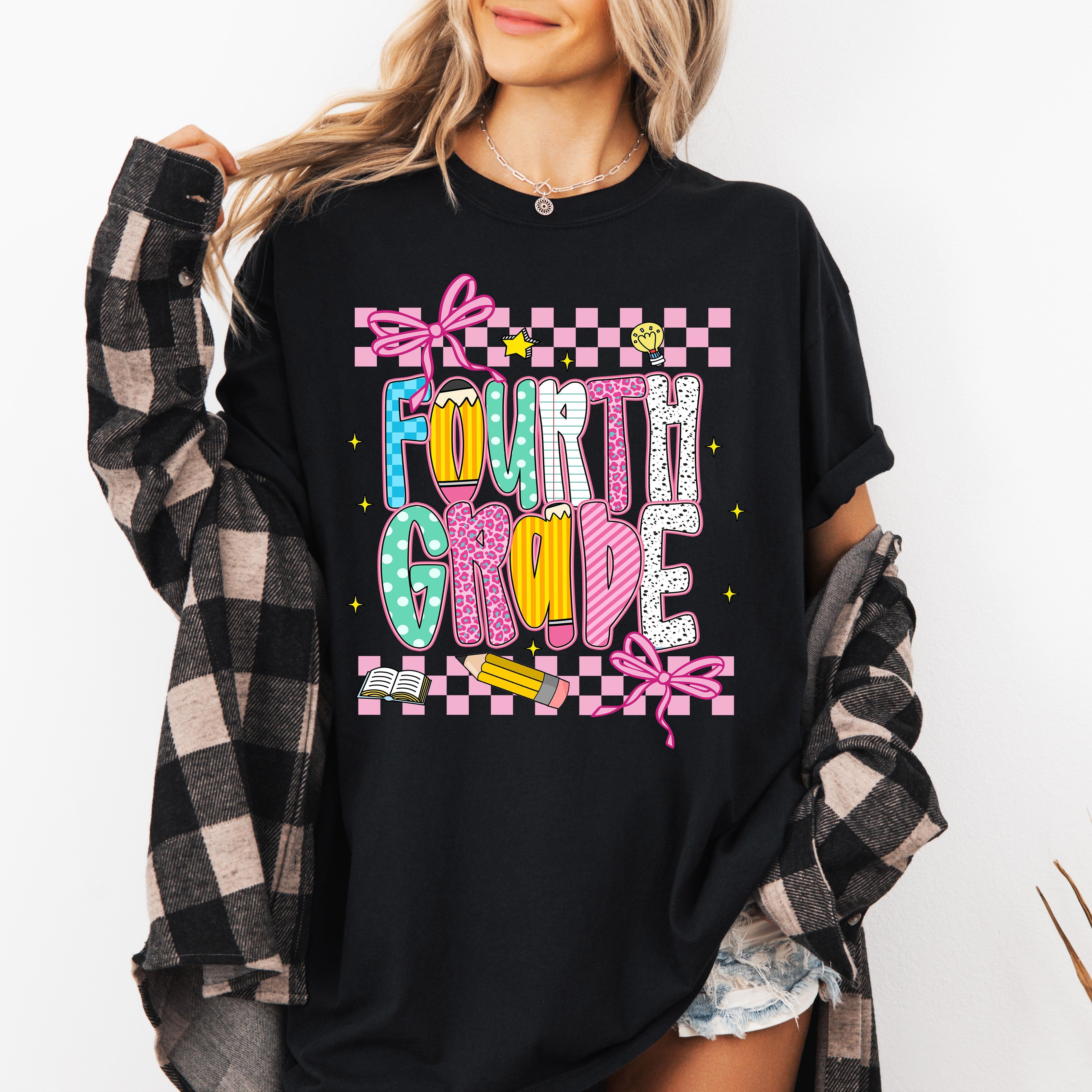 Fourth Grade Teacher First Day Back To School Checkered Bow Coquette Comfort Colors Tee