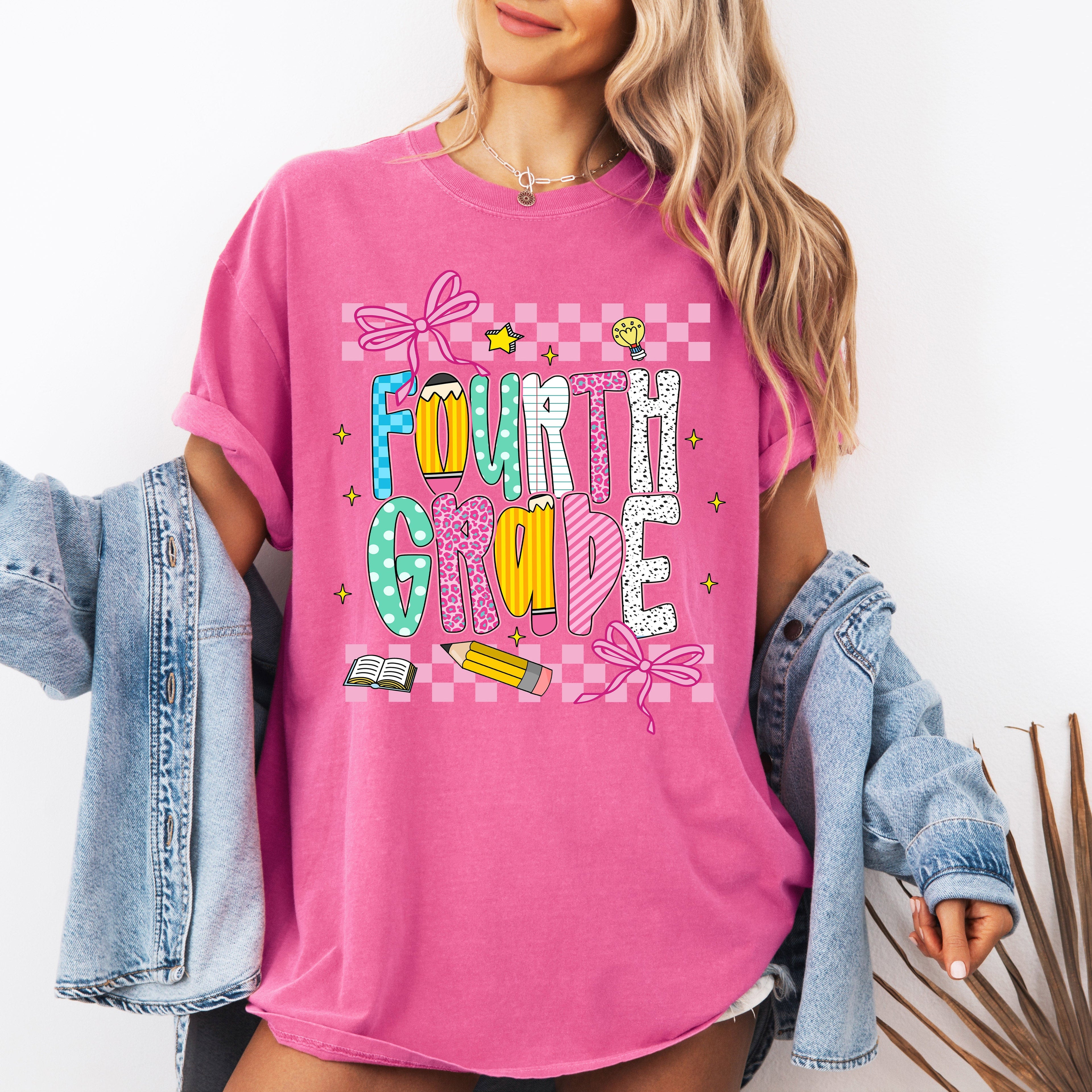Fourth Grade Teacher First Day Back To School Checkered Bow Coquette Comfort Colors Tee