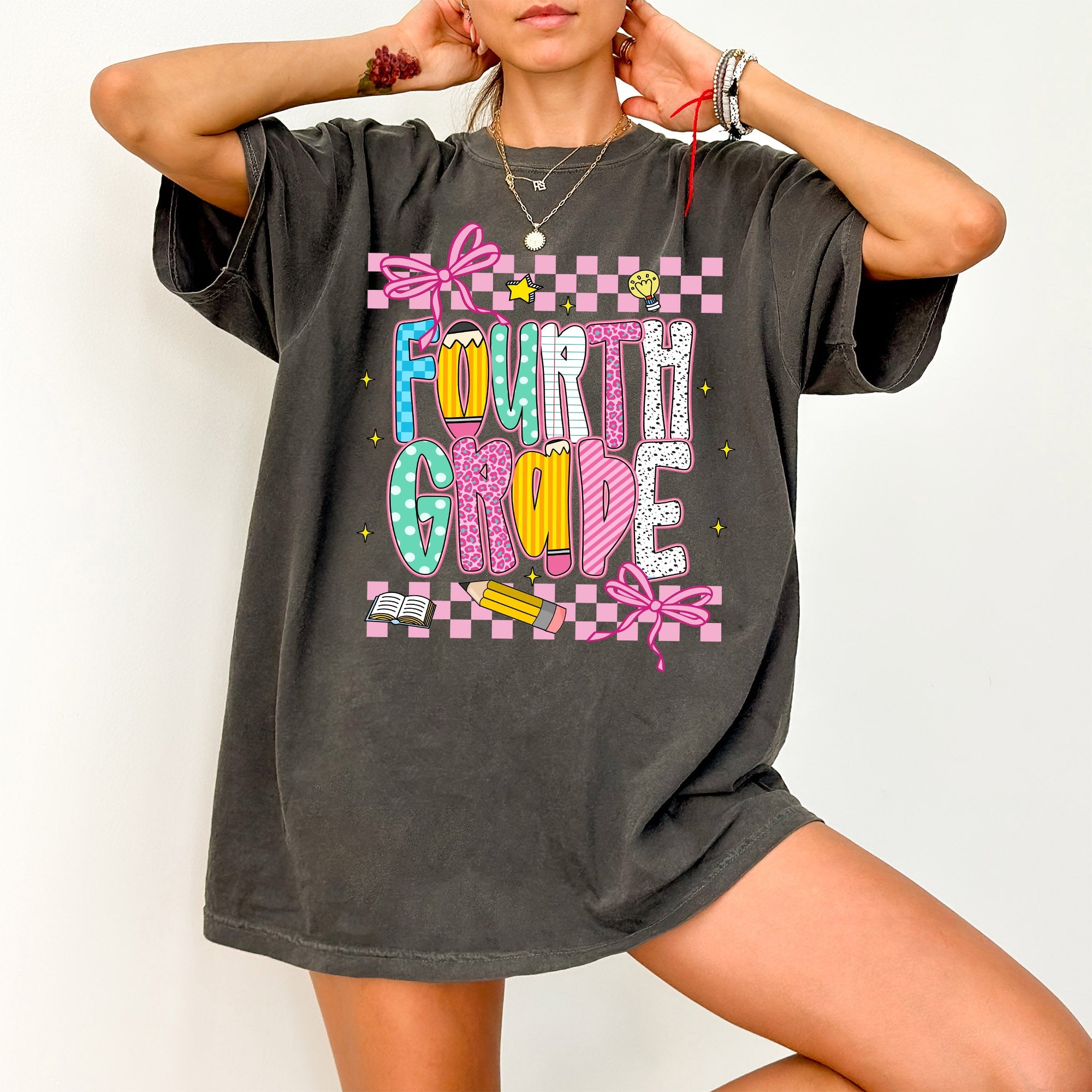 Fourth Grade Teacher First Day Back To School Checkered Bow Coquette Comfort Colors Tee