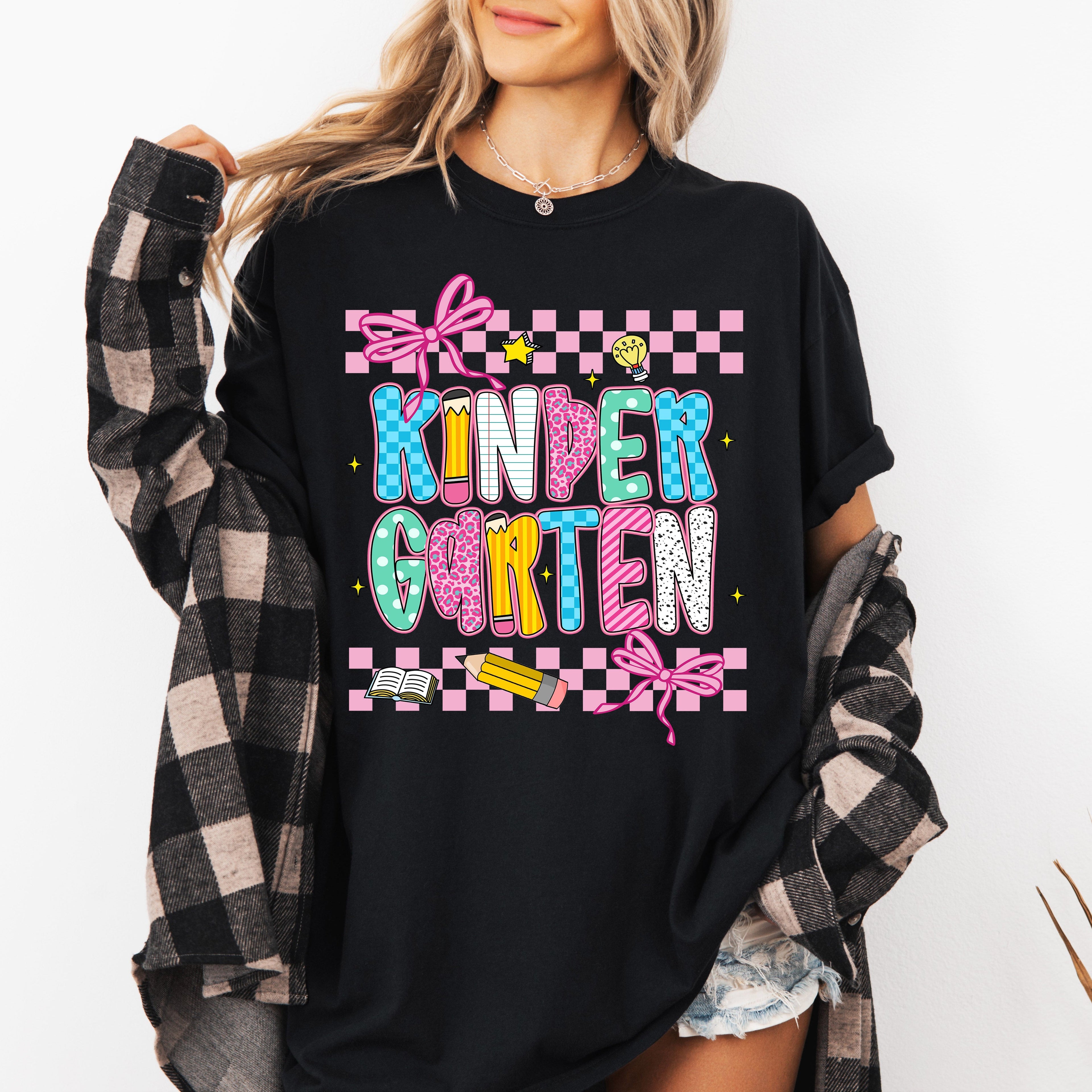 Kindergarten Teacher Checkered Bow First Day Back To School Coquette Comfort Colors Tee
