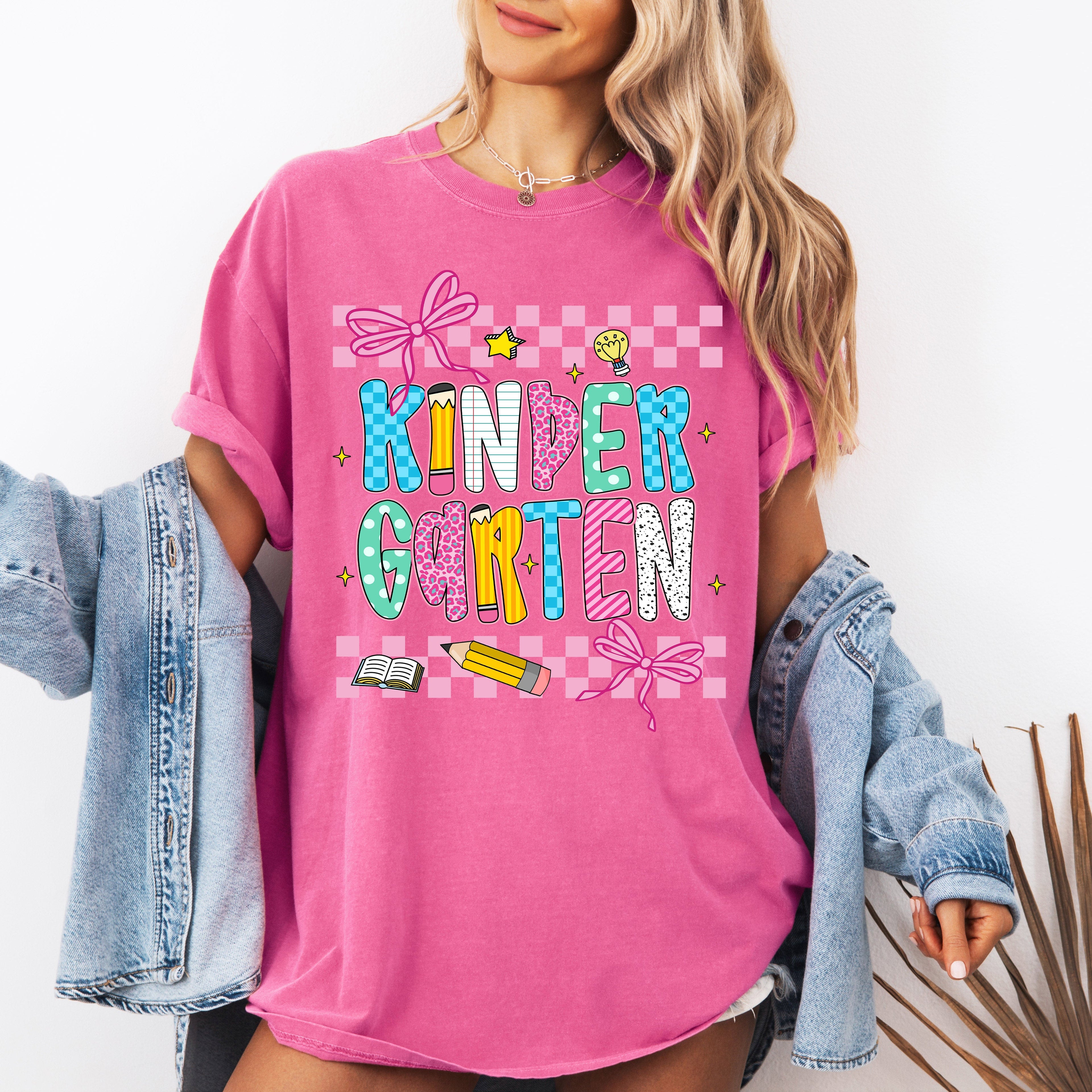 Kindergarten Teacher Checkered Bow First Day Back To School Coquette Comfort Colors Tee