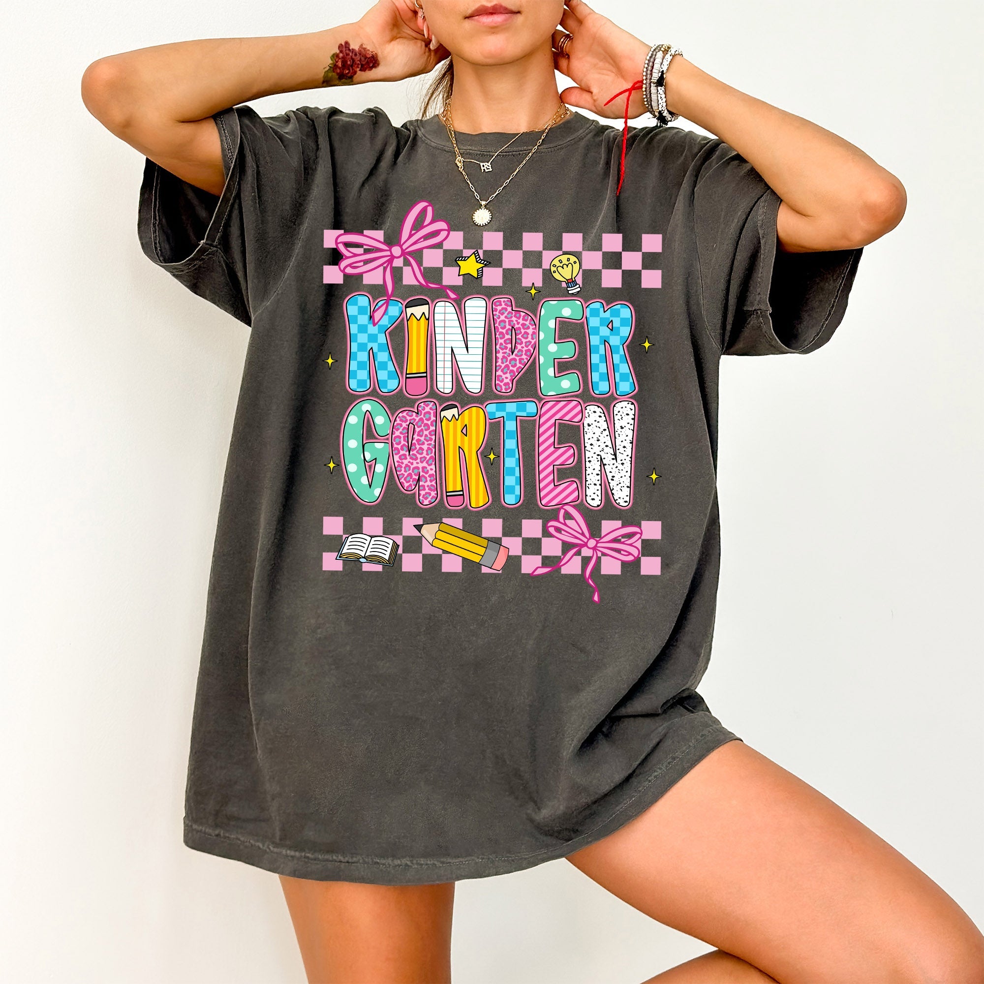 Kindergarten Teacher Checkered Bow First Day Back To School Coquette Comfort Colors Tee