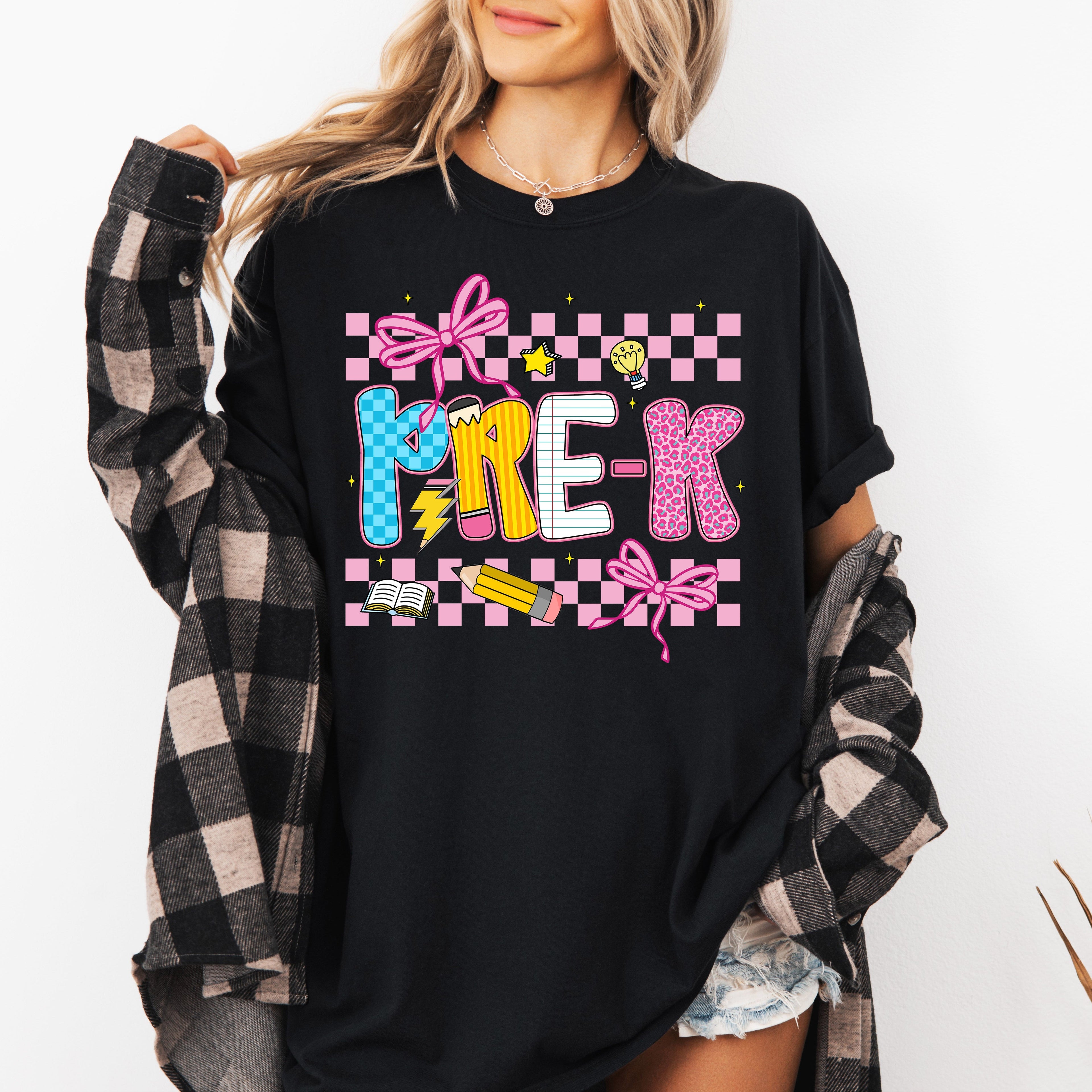 Pre-K Teacher Checkered Bow First Day Back To School Cute Teacher Appreciation Comfort Colors Tee