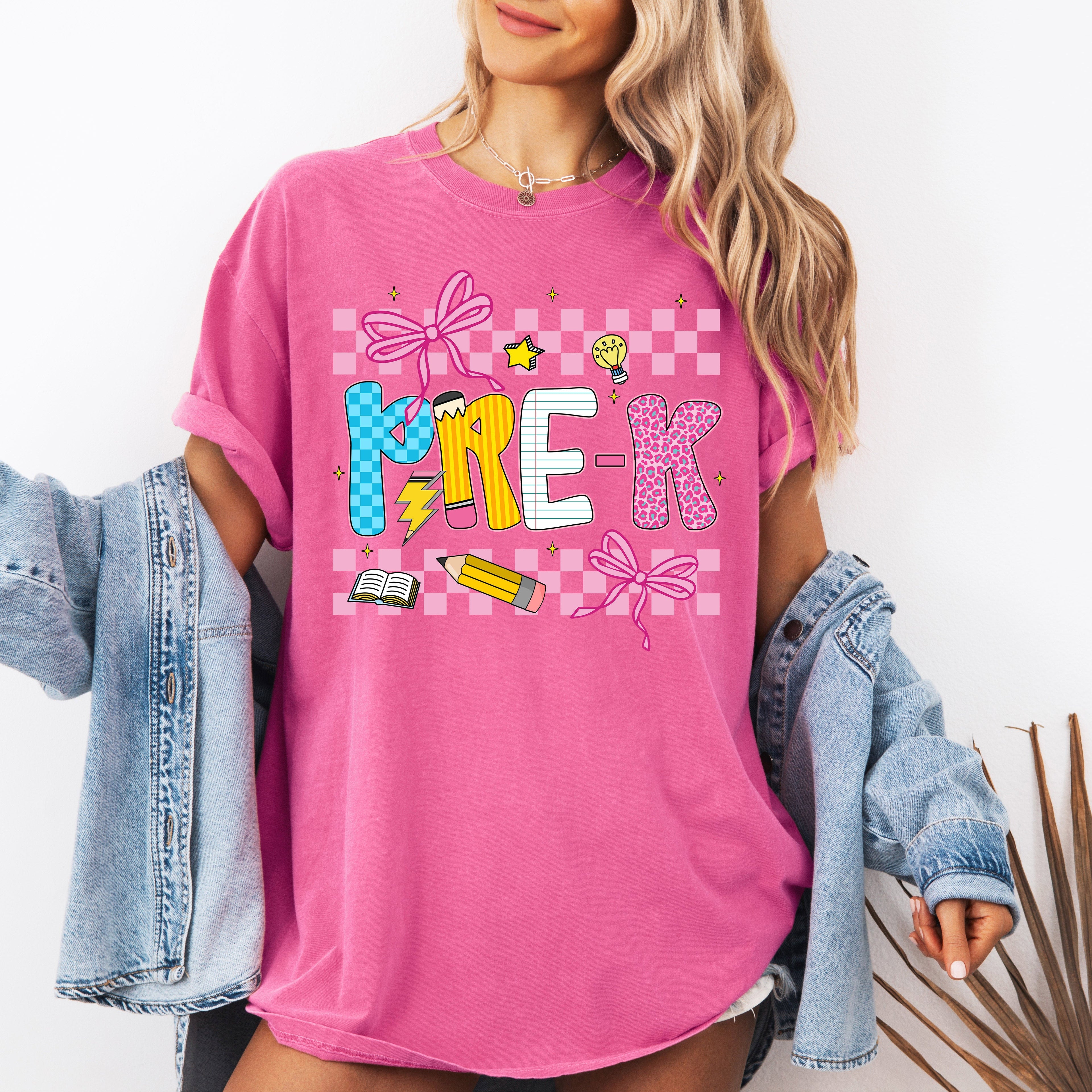 Pre-K Teacher Checkered Bow First Day Back To School Cute Teacher Appreciation Comfort Colors Tee