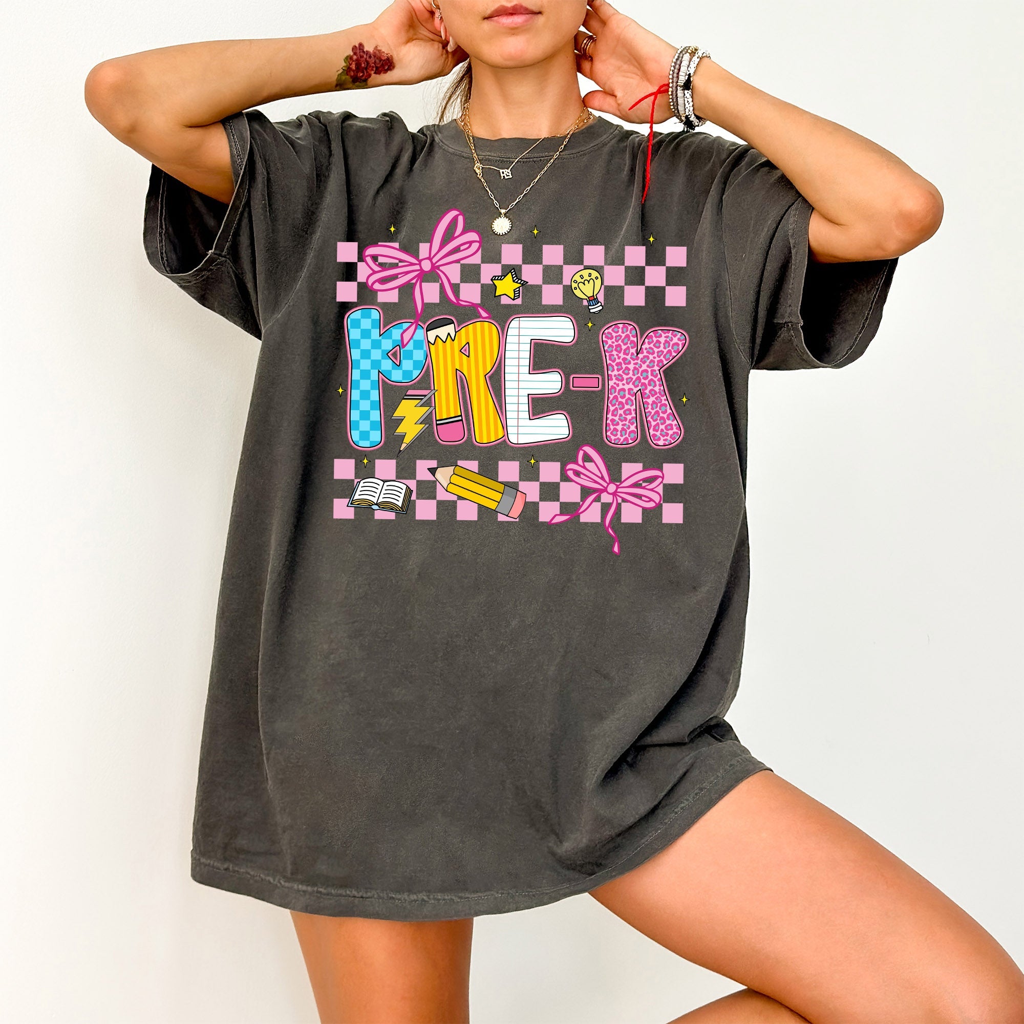 Pre-K Teacher Checkered Bow First Day Back To School Cute Teacher Appreciation Comfort Colors Tee