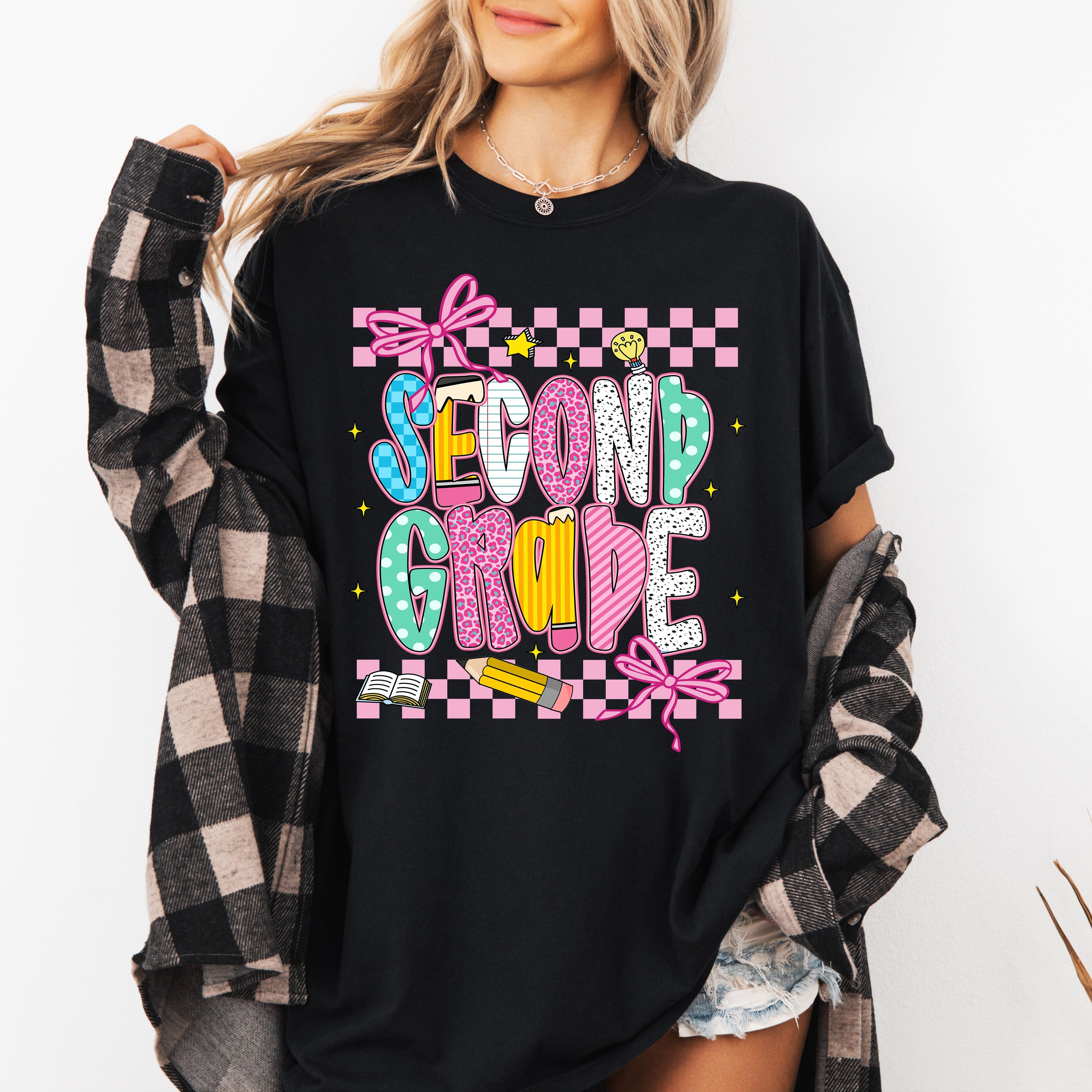Second Grade Teacher Checkered Bow First Day Of School Back To Class Comfort Colors Tee